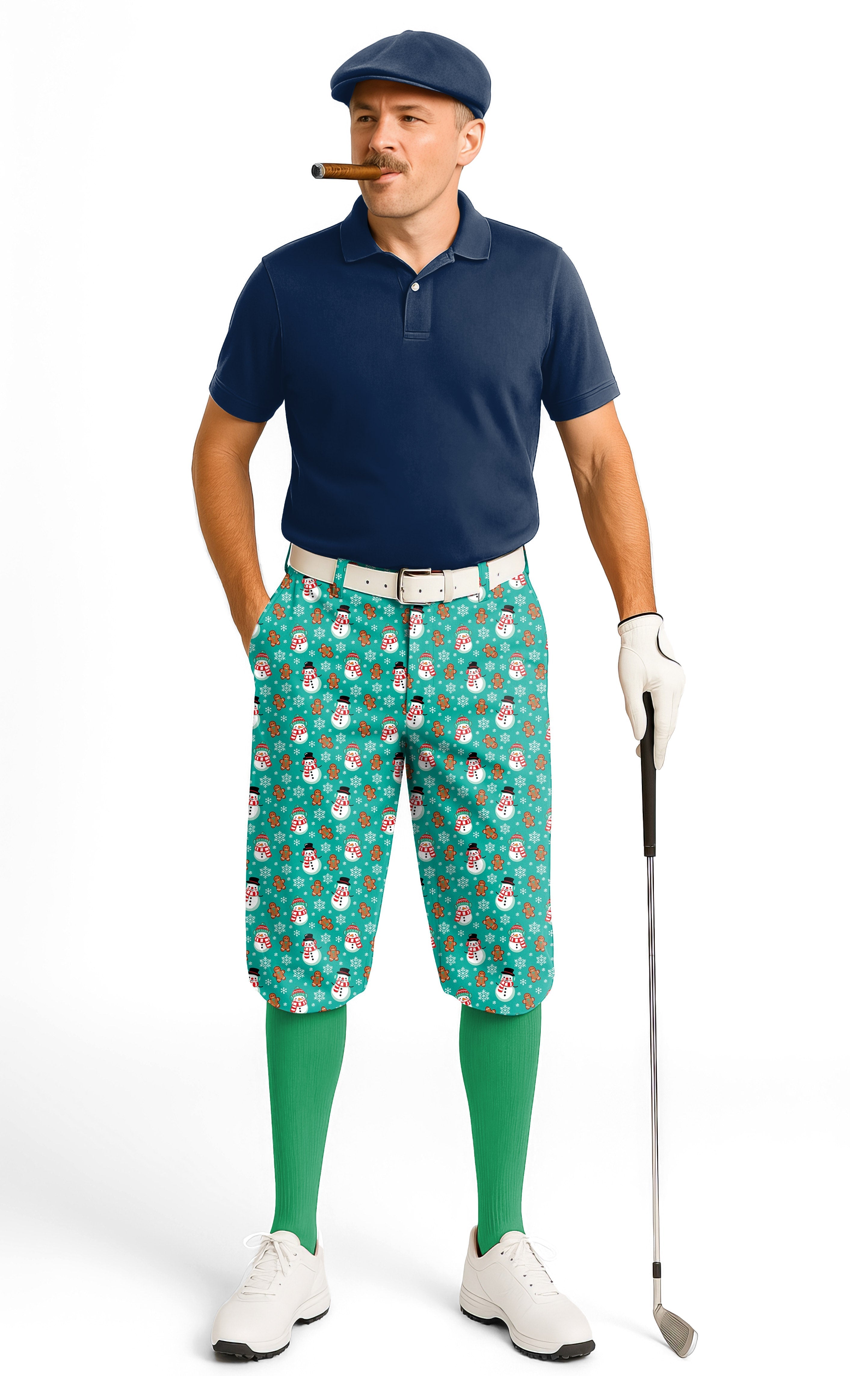 Men's Gingerbread Snowman Blue Christmas golf knickers with snug ankle cuffs and lightweight performance fabric