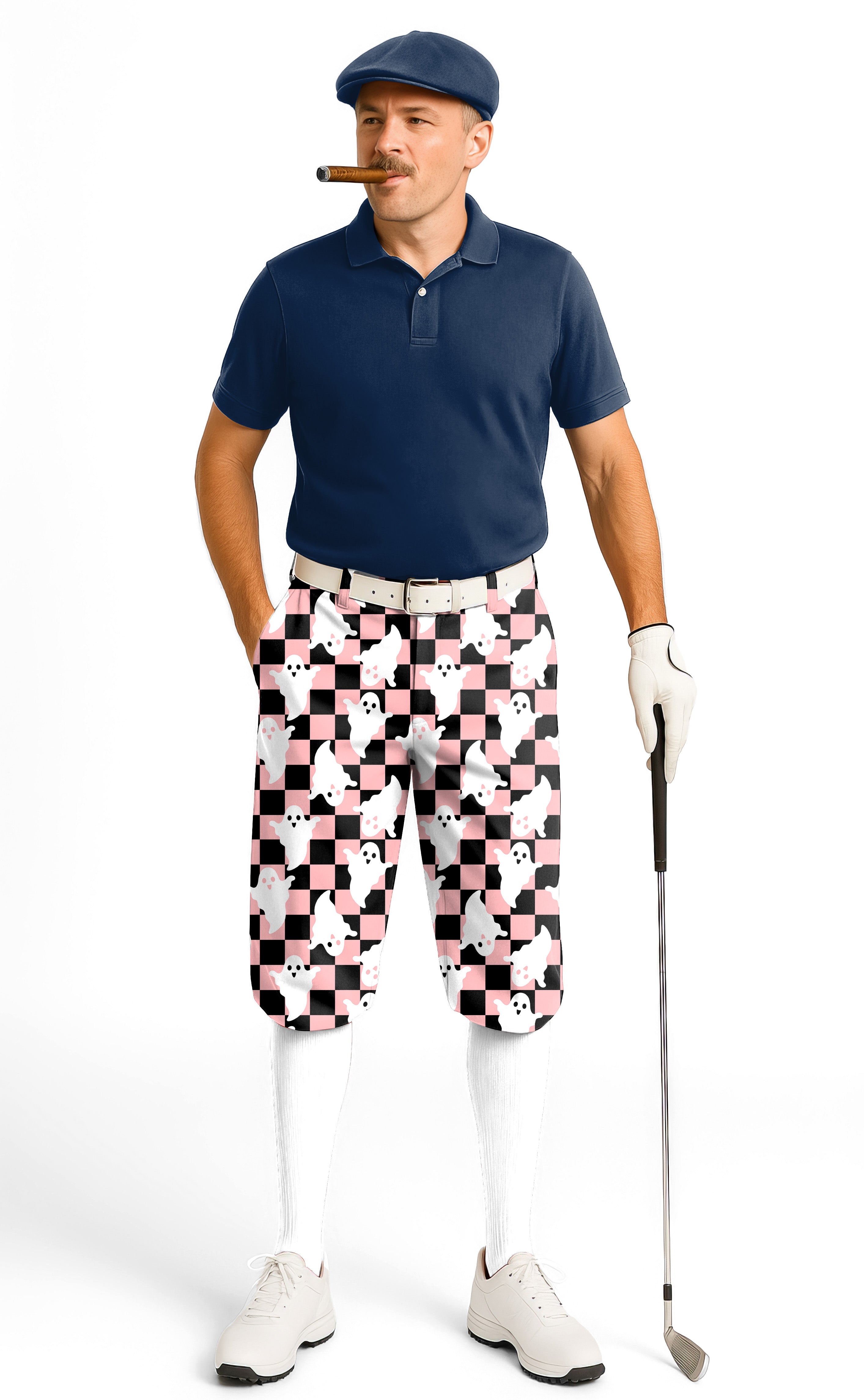 Halloween Black and White Checkerboard Ghost Men's Golf Knickers Pants