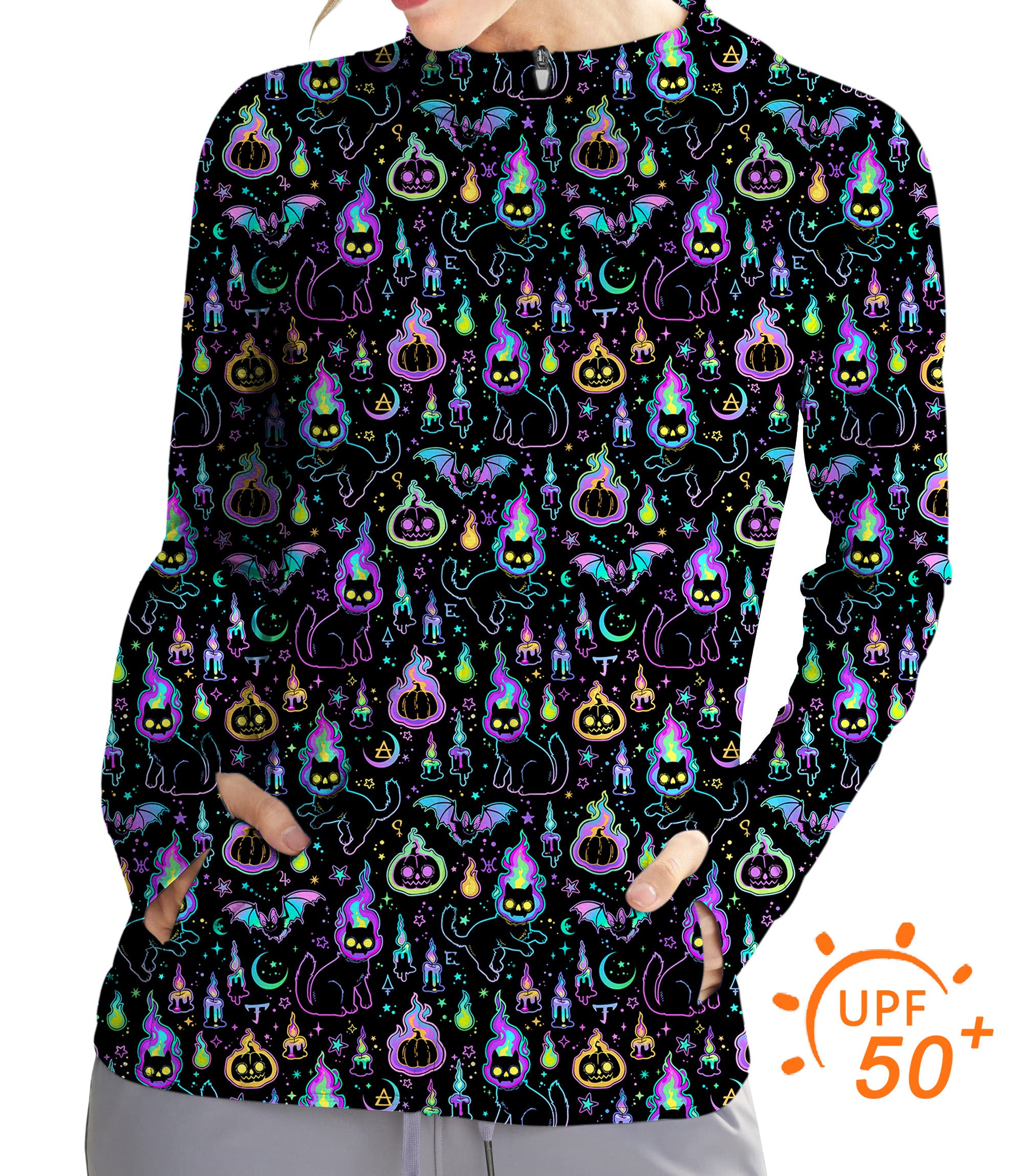 Women's Outdoor Halloween Ghost Pumpkin Cat Golf Sun Protection Slim Fit zip hoodies