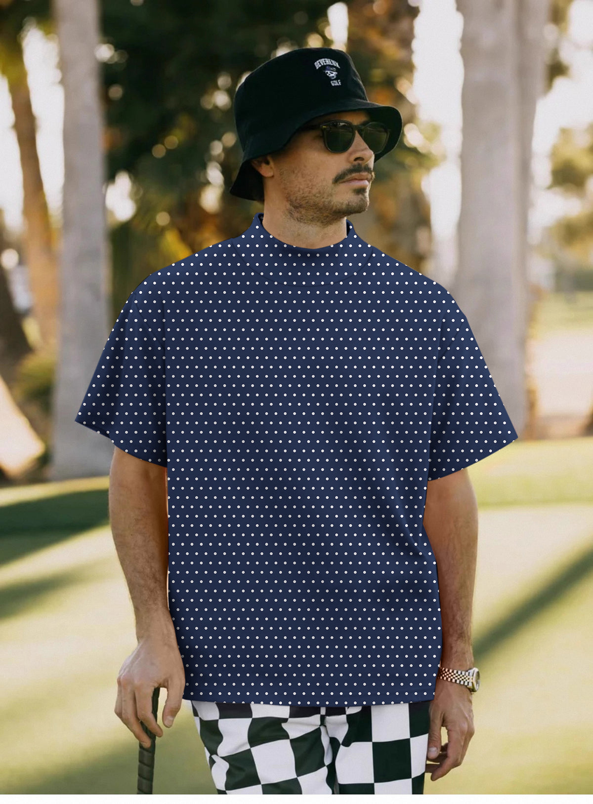 Men's Navy blue with white polka dots Mock Neck Long/Short Sleeve Golf Tops