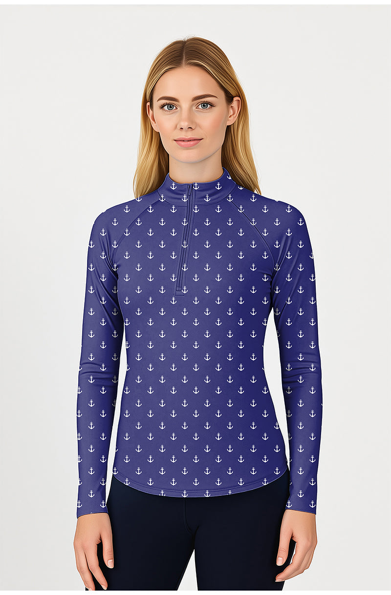 Royal Anchor Women's Golf 3/4 zip top with long sleeves and anchor print, lightweight, moisture-wicking, UPF50+ sun protection.