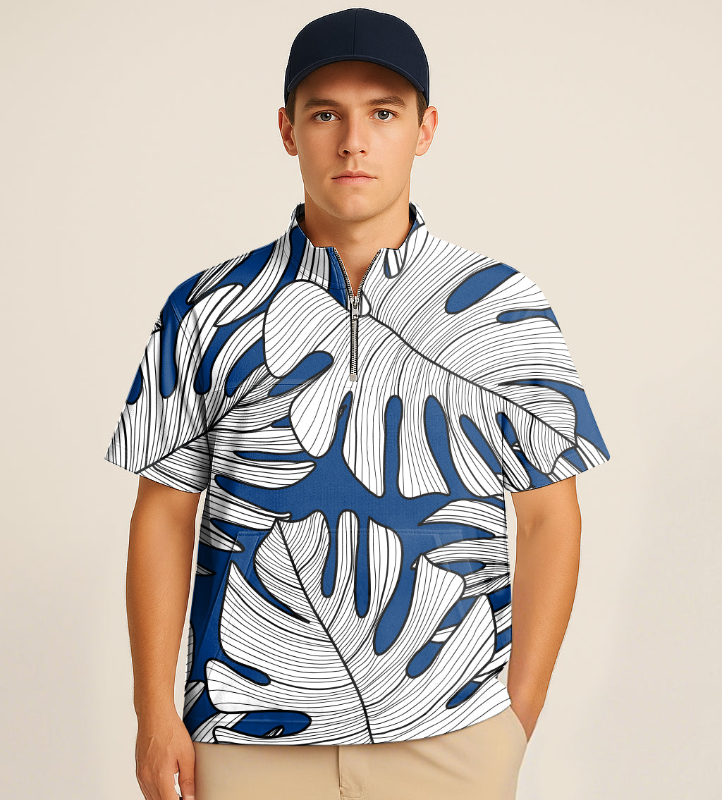 Half Zipper Turtleneck Golf Short Shirt Floral Split-leaf Philodendron plant Embroidery