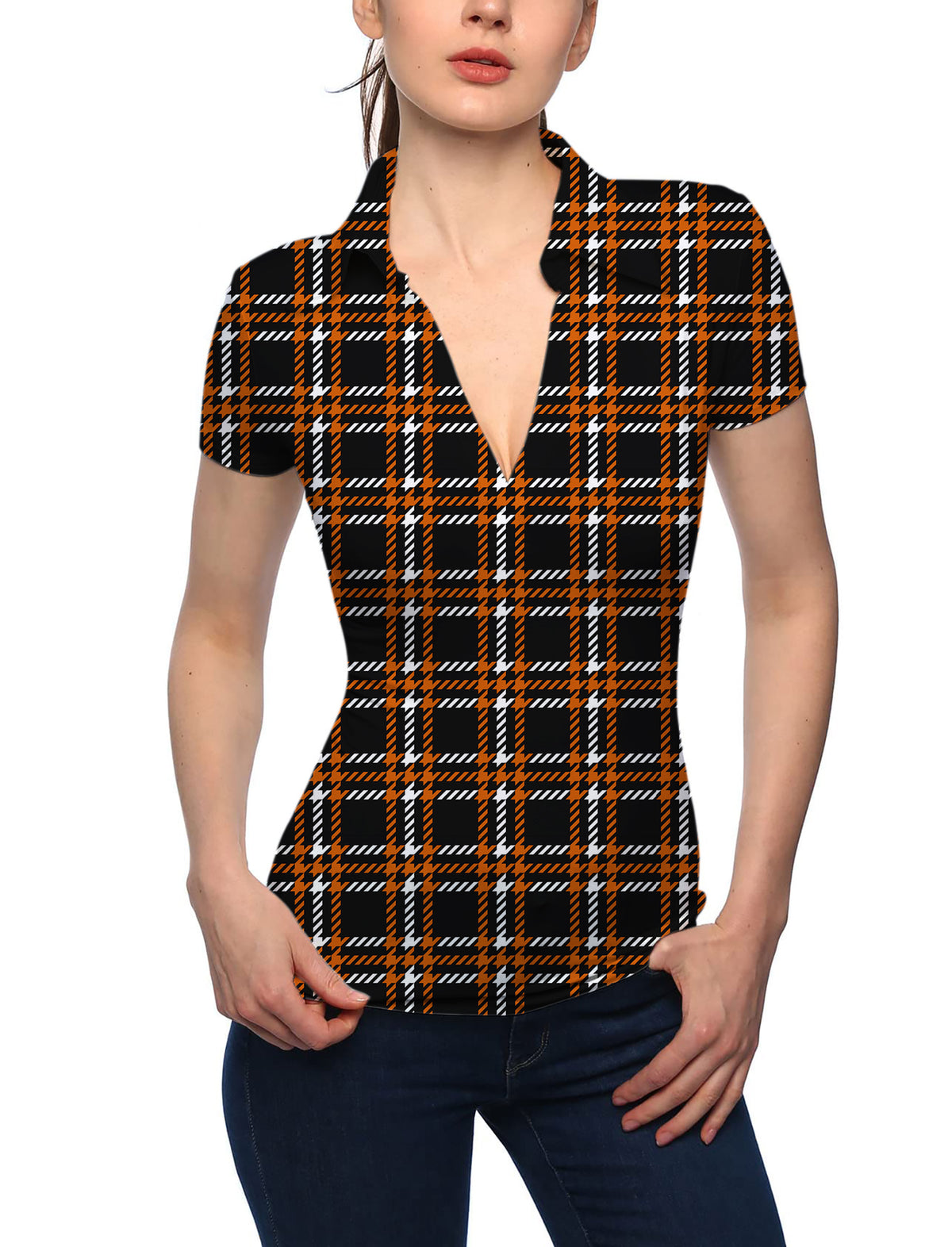 Women's Halloween black yellow white grid V Neck Golf Polo