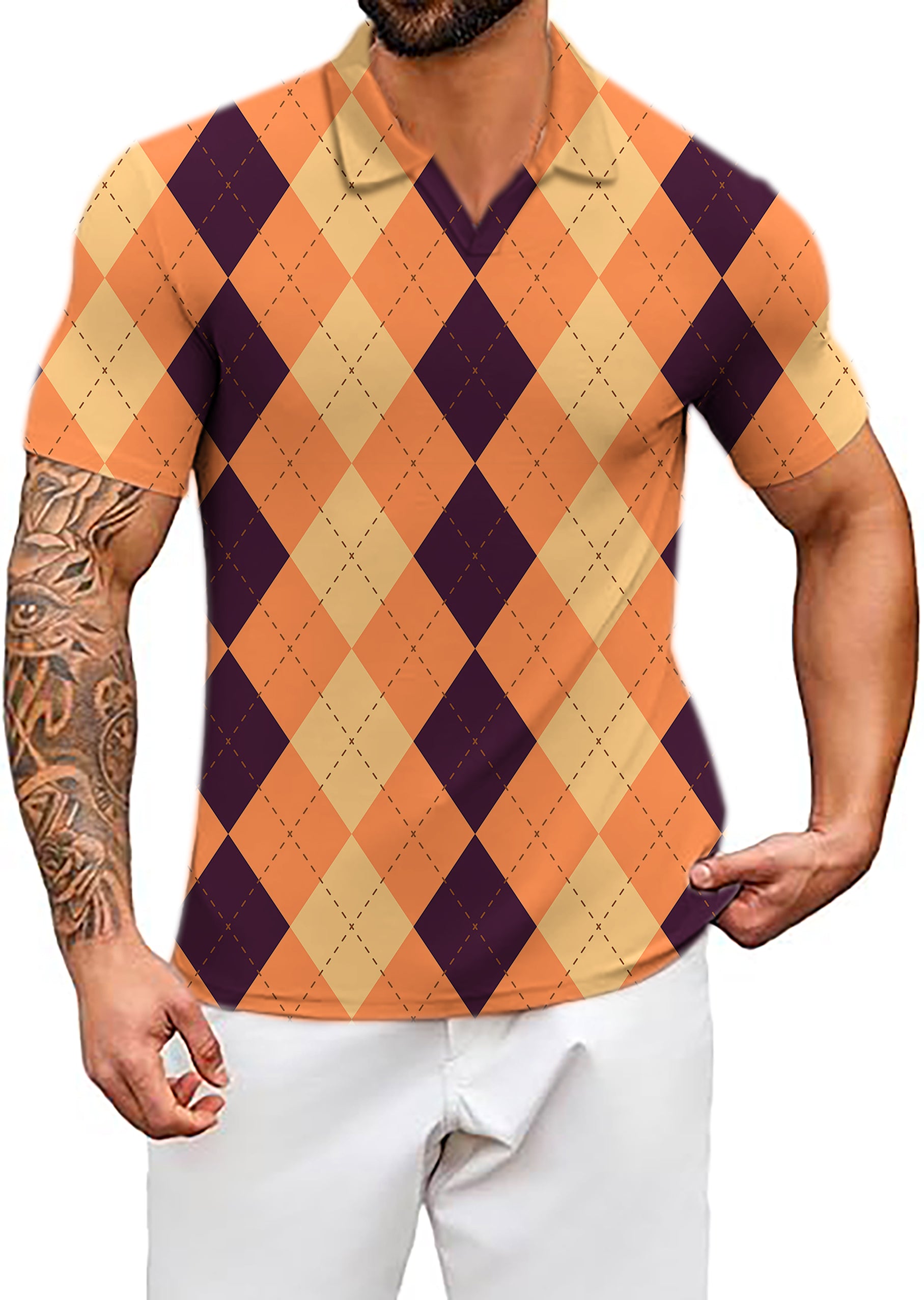Men's Coconut Palm Halloween Black Light Yellow Orange Argyle V Neck Golf Polo Shirts