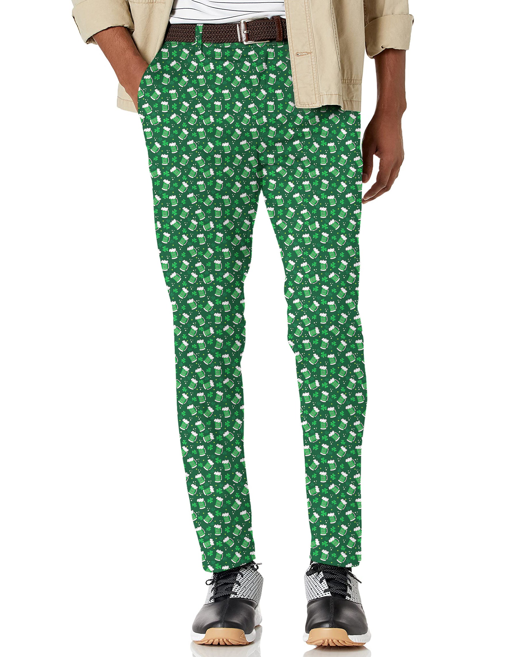 Men's Green beer clover leaf St. Patrick's Day Stretch Golf Pants