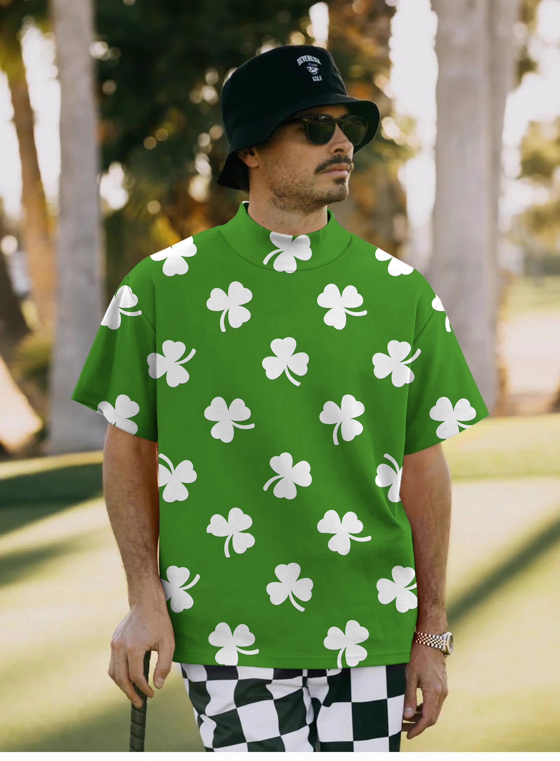 Men's Leaf clover St. Patrick's Day Pullover High neck Long/Short sleeve T-Shirt