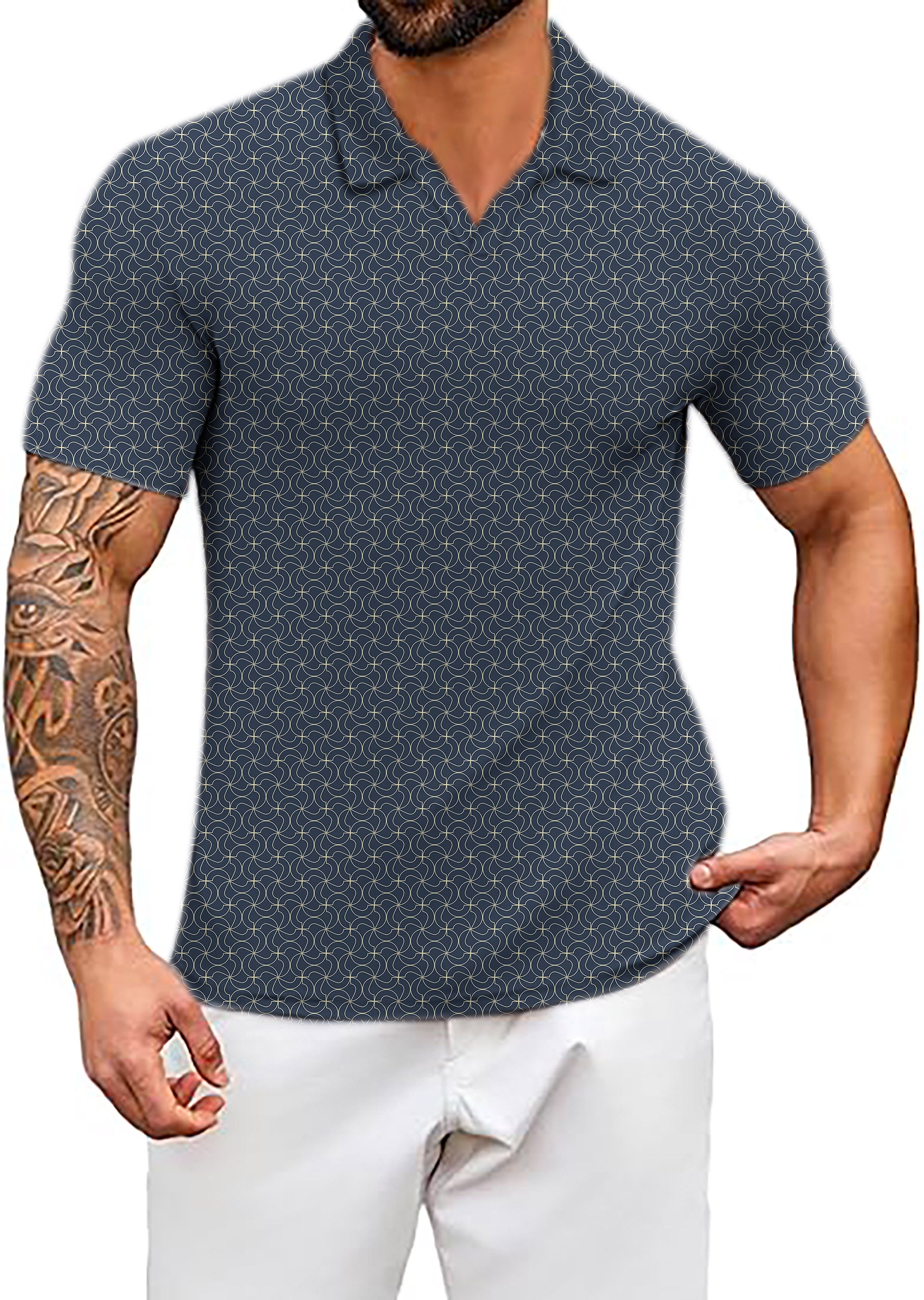 Men's navy blue floral V Neck Golf Polo Shirts limited edition