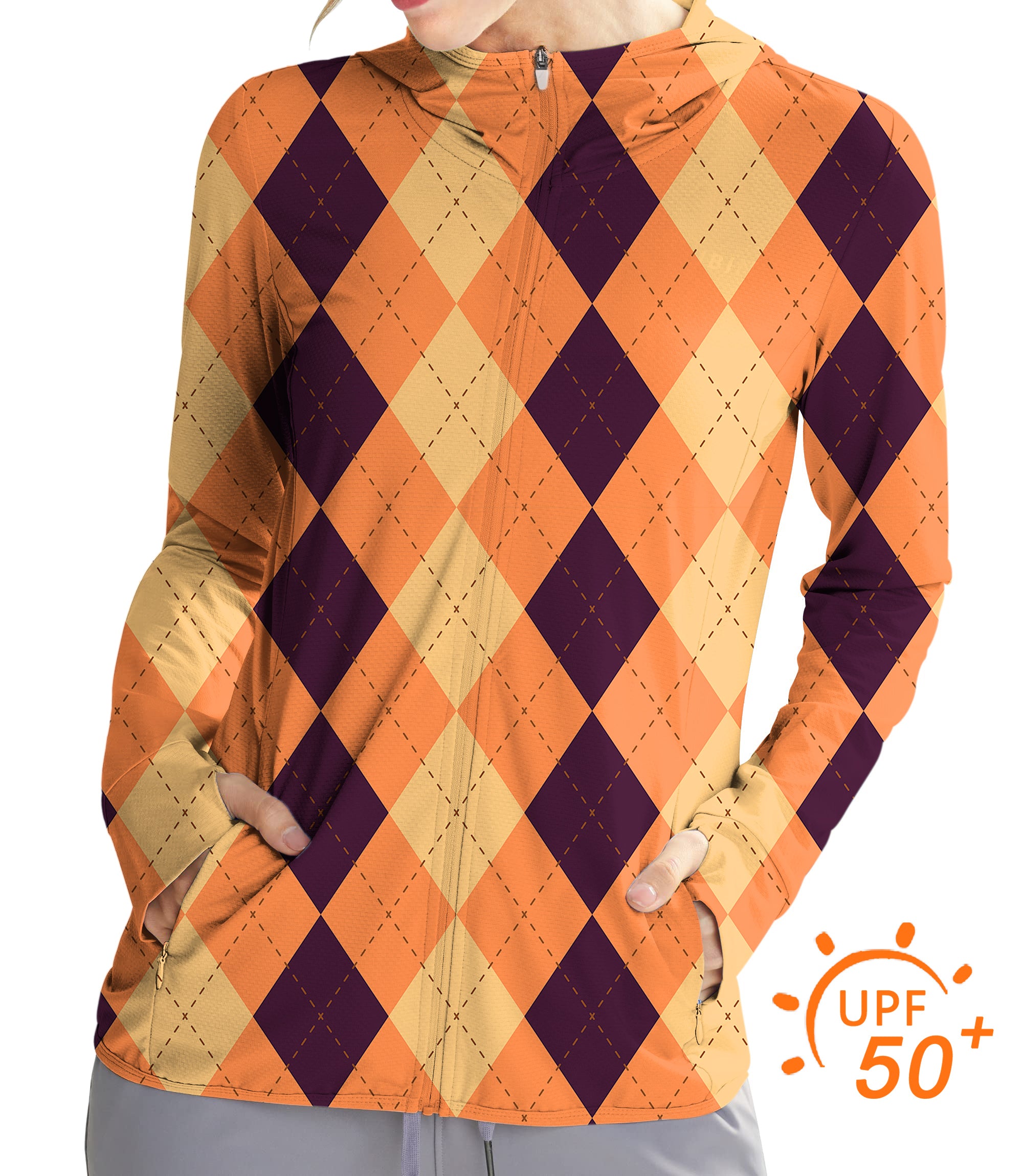 Women's Outdoor Halloween Black Light Yellow Orange Argyle Golf Sun Protection Slim Fit zip hoodies