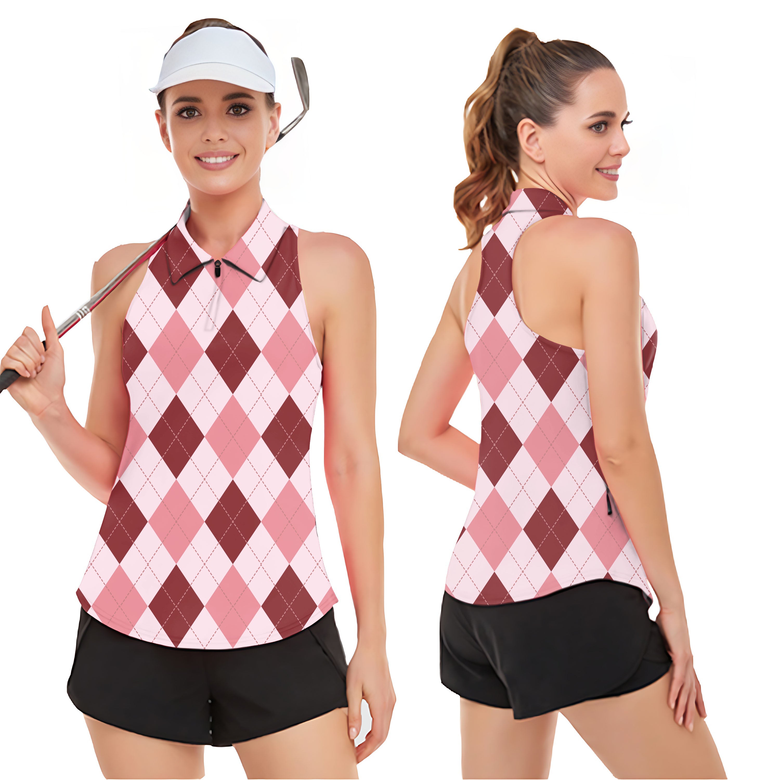 pink Argyle Women’s Sleeveless Golf Tank Top Shirt Polo