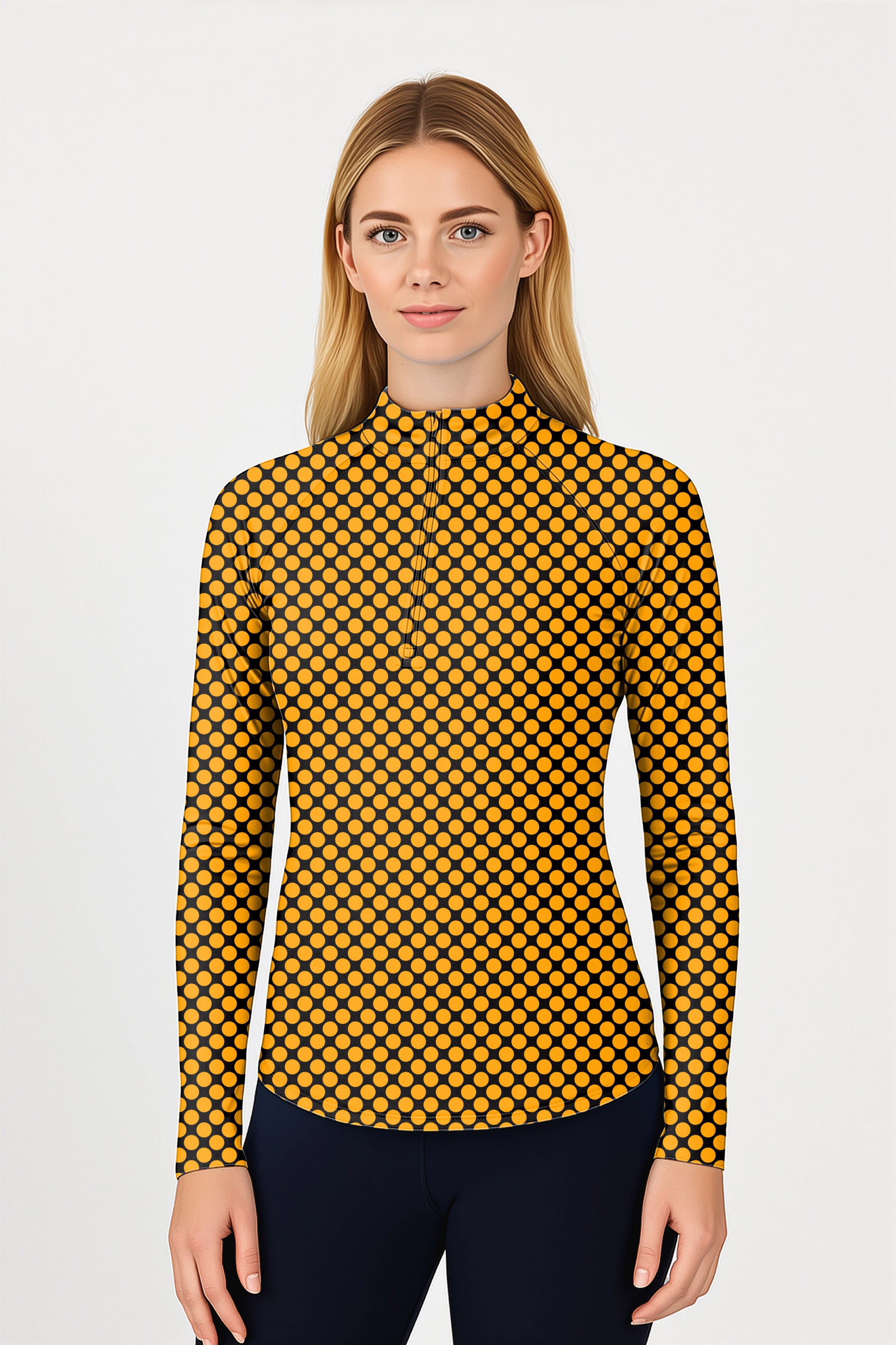Halloween black and yellow polka dots Women's Golf Active 3/4 Zipper Top Long Sleeves