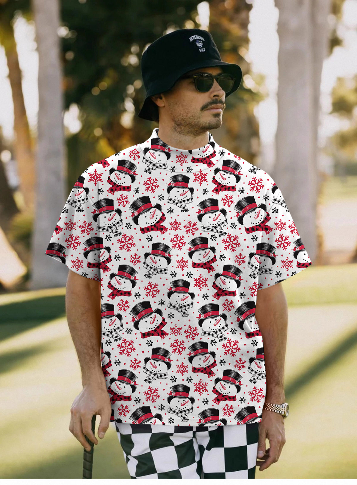 Men's Christmas Snowman Mock Neck Long/Short Sleeve Golf Tops