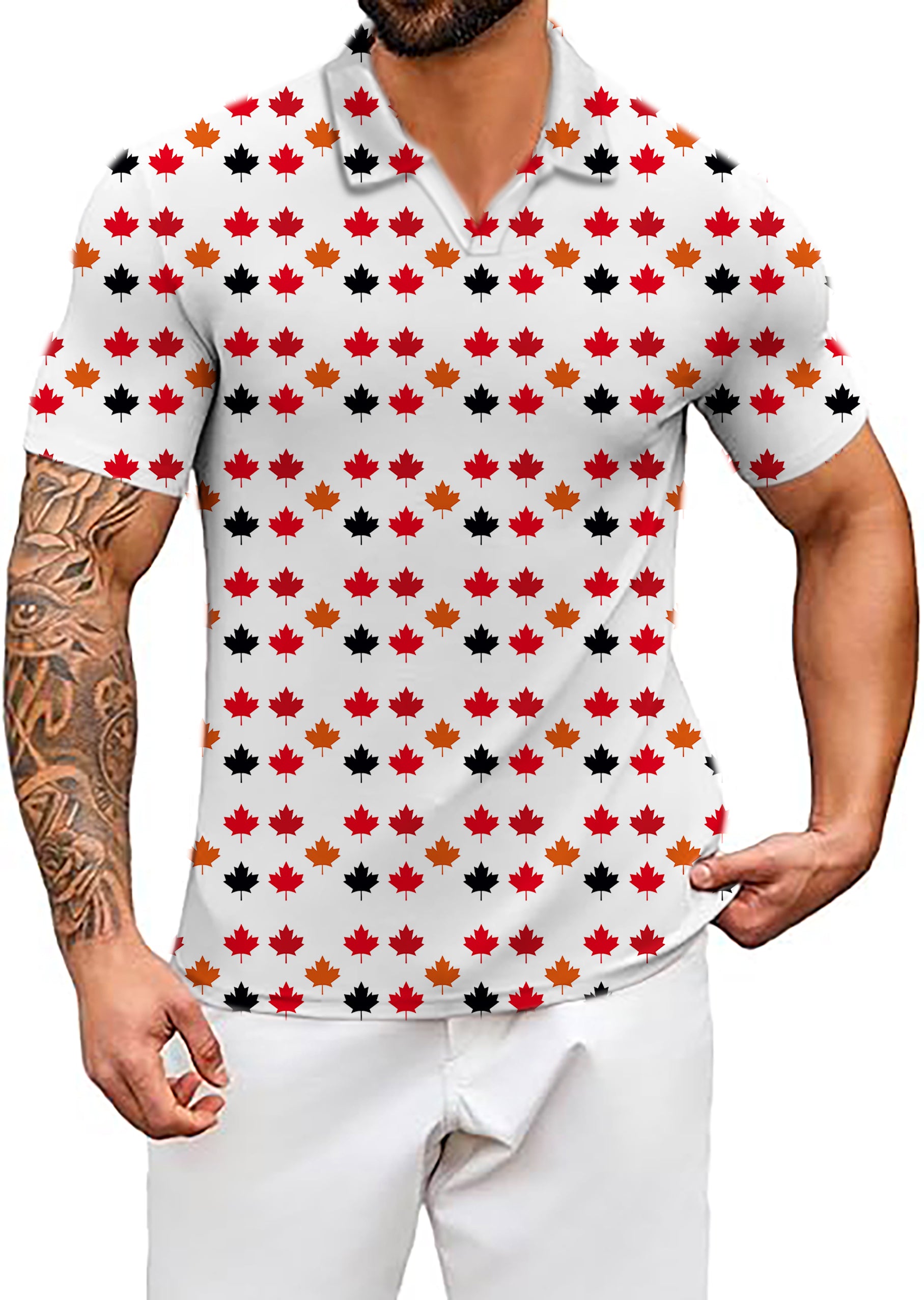 Men's Coconut Palm Canada Four Color Maple Leaves V Neck Golf Polo Shirts