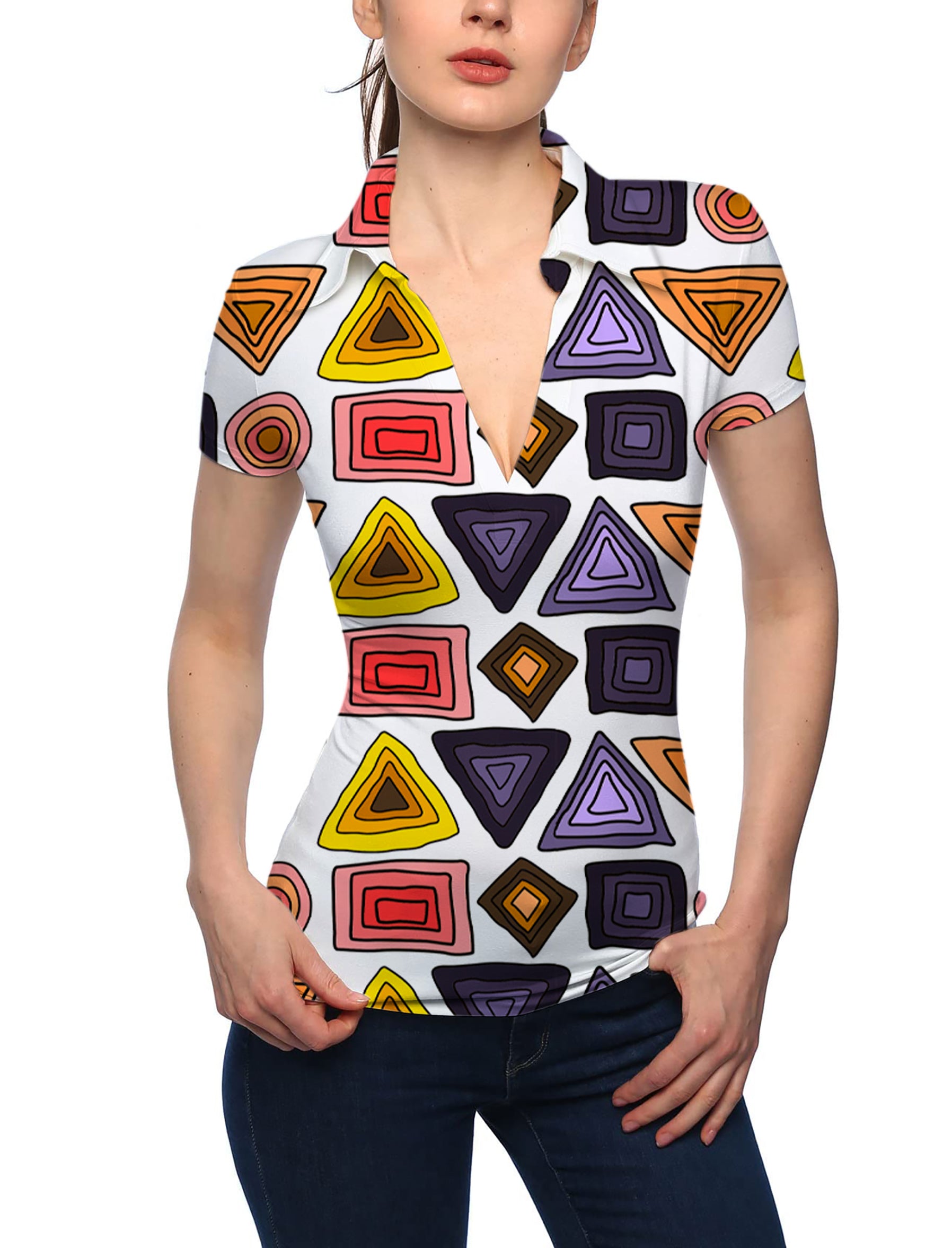 Women's colorfull triangle tribal V Neck Golf Polo