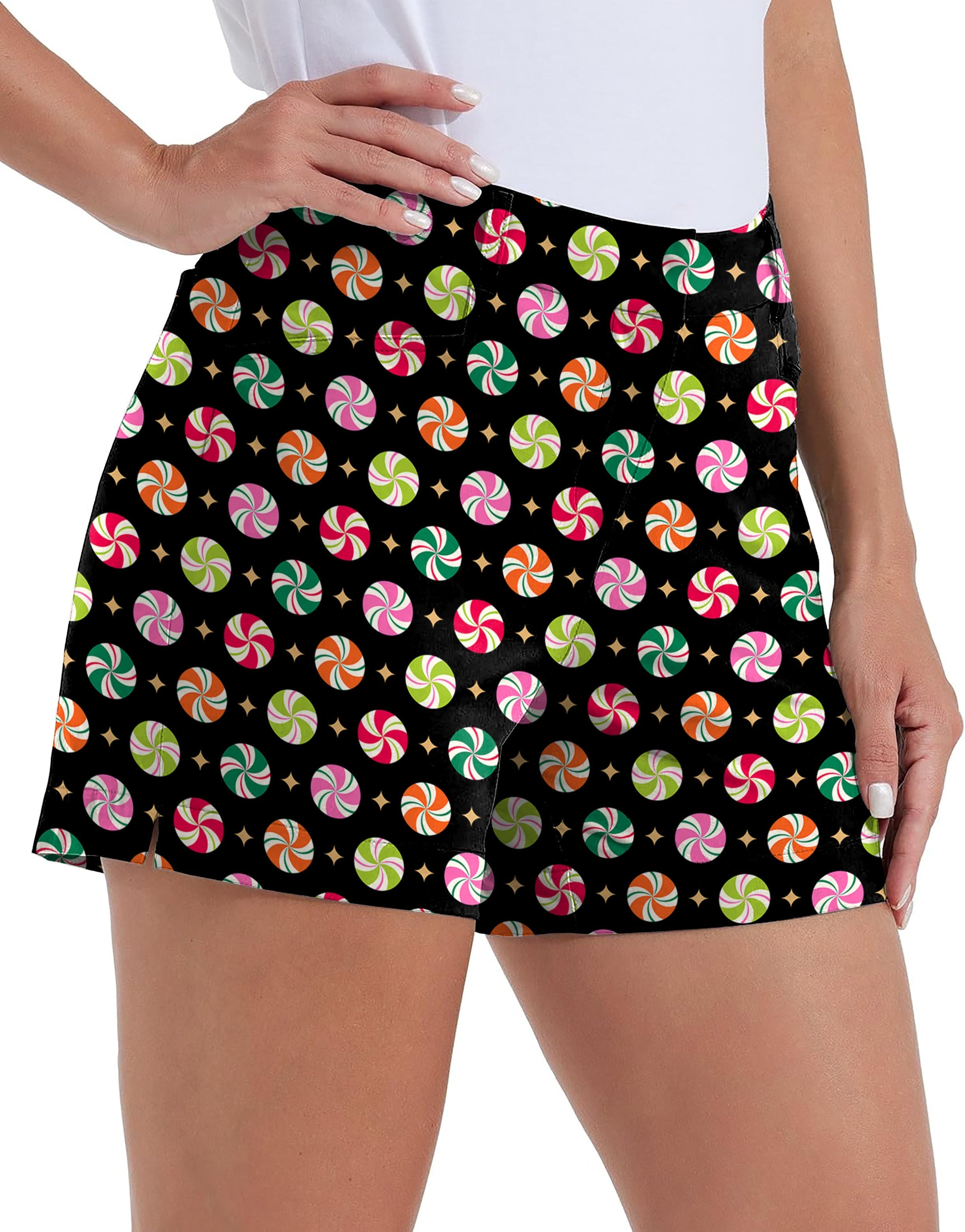 Women's Christmas Candy Polo quick-dry golf shorts with colorful peppermint design and pockets