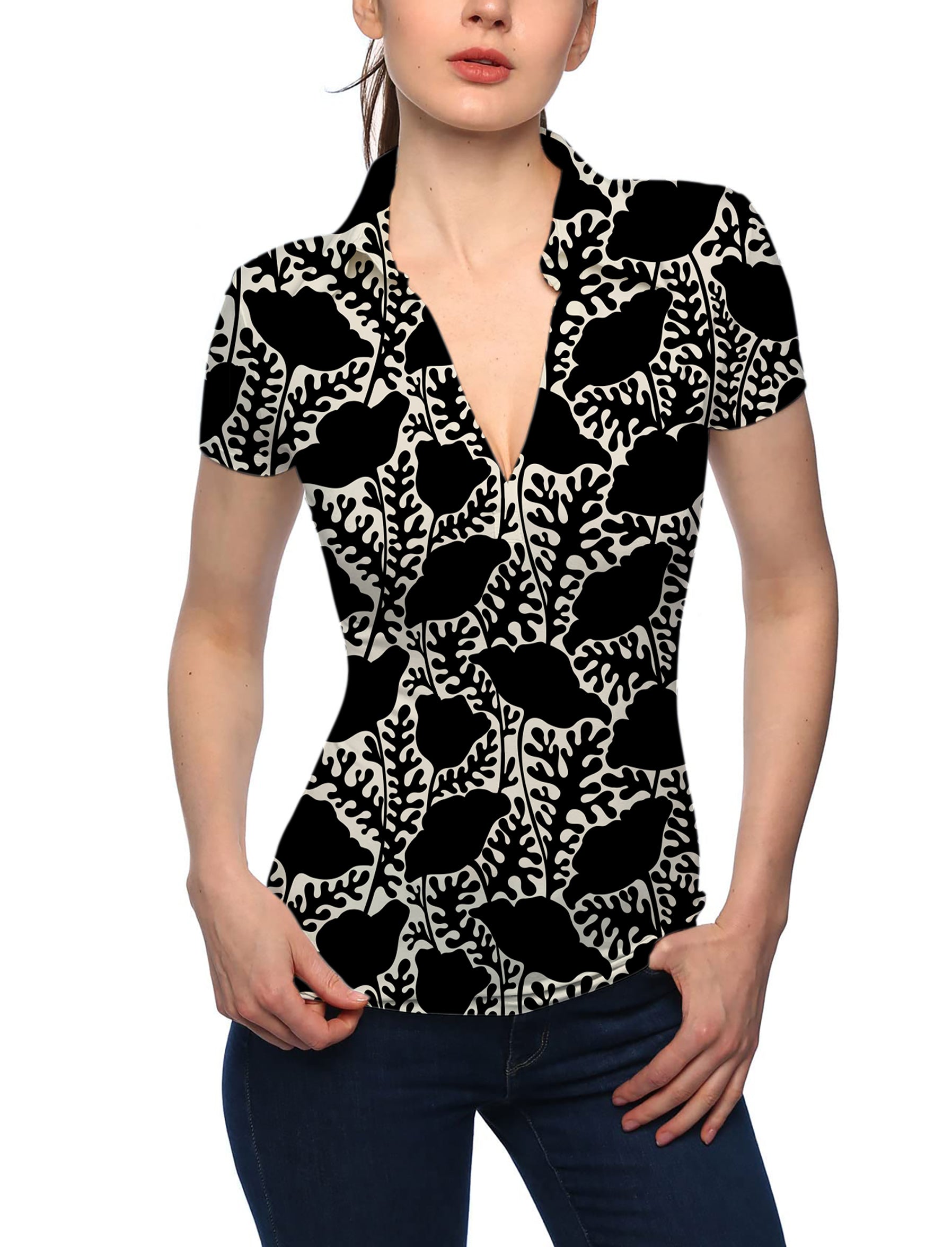Women's Monochrome Bloom V Neck Golf Polo