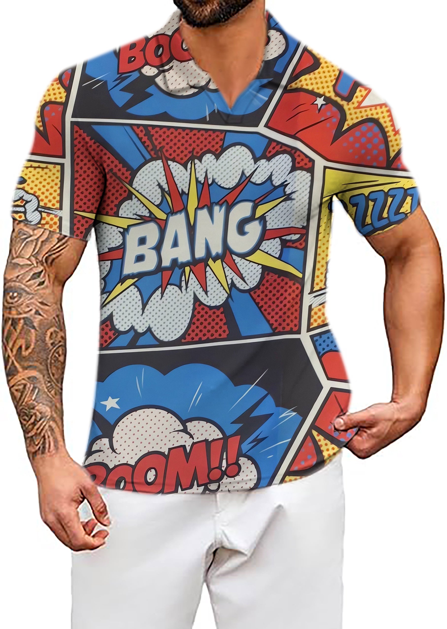 Men's COMICS BANG V Neck Golf Polo Shirts