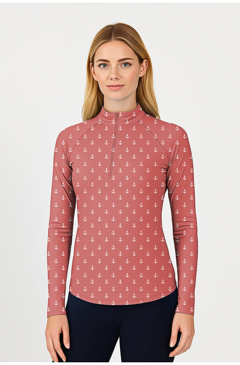 Pink red anchor women's golf 3/4 zip active top with long sleeves and mock collar