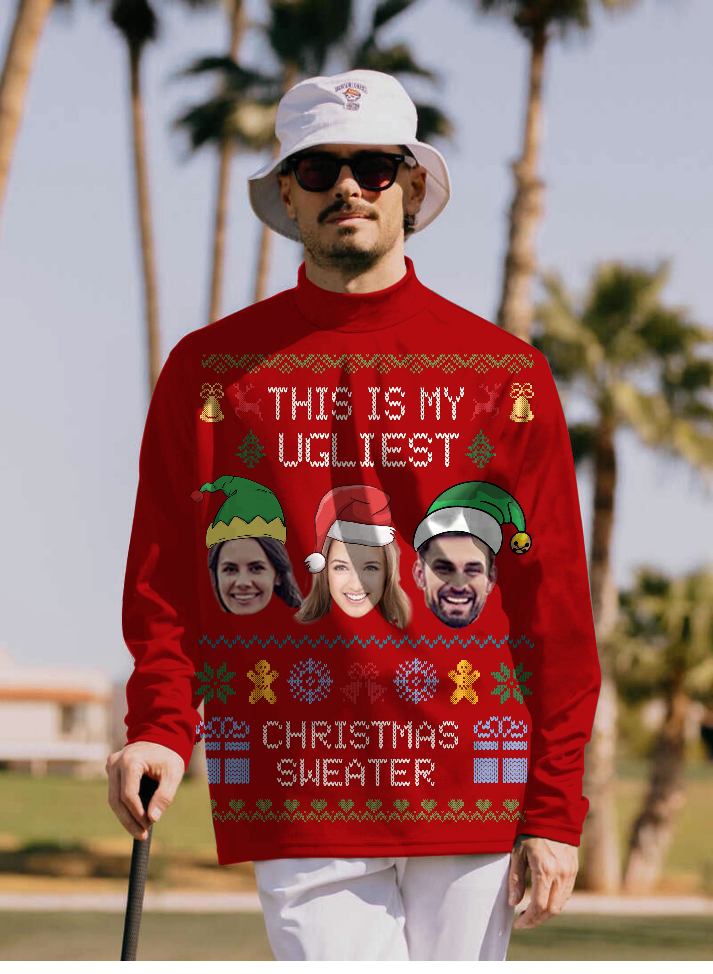 Men's Red-Christmas Custom face Pullover High neck Long/Short sleeve T-Shirt