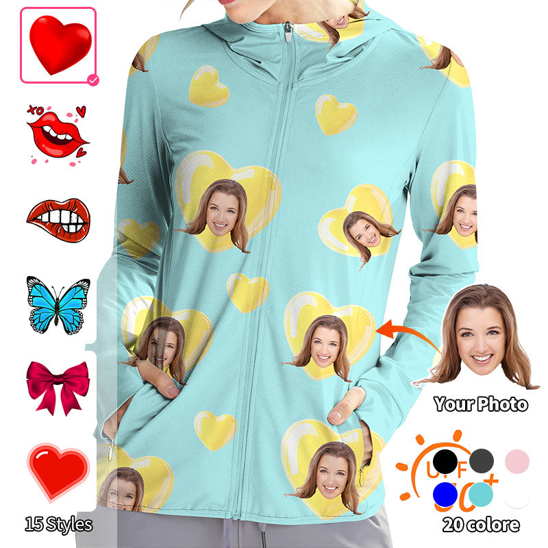 Valentine's Day Women's Outdoor Custom Photo Face Custom Color Green Blue Love Golf Sun Protection Slim Fit zip hoodies