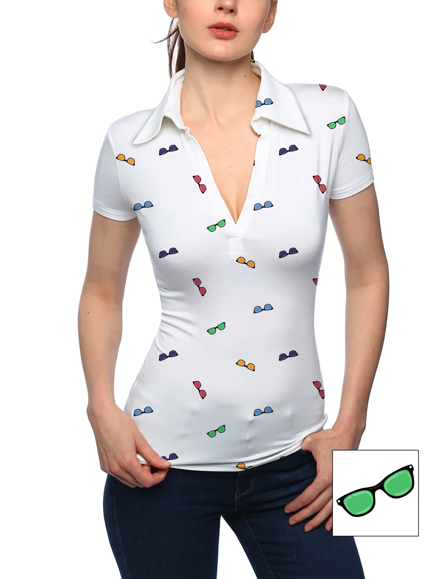 Women's Colorful Sunglass Custom The Background Color V Neck Golf Polo