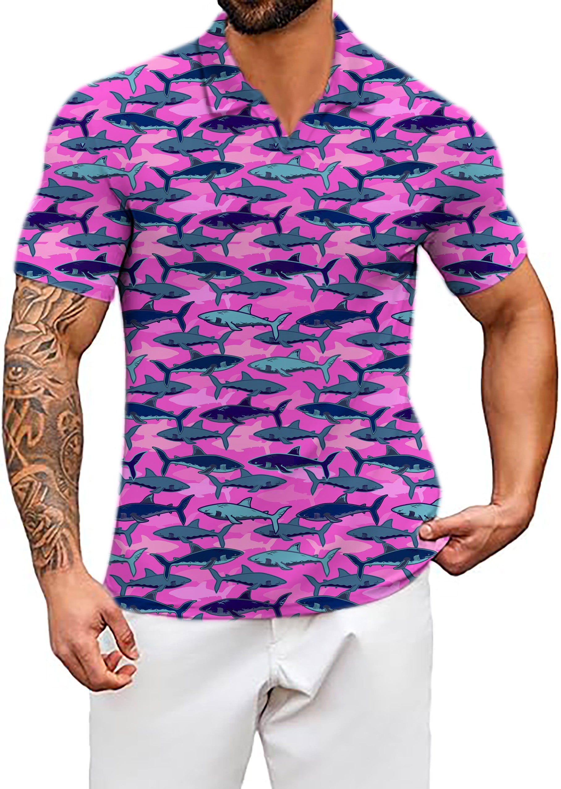 Men's Electric Sharks Pink V Neck Golf Polo Shirts