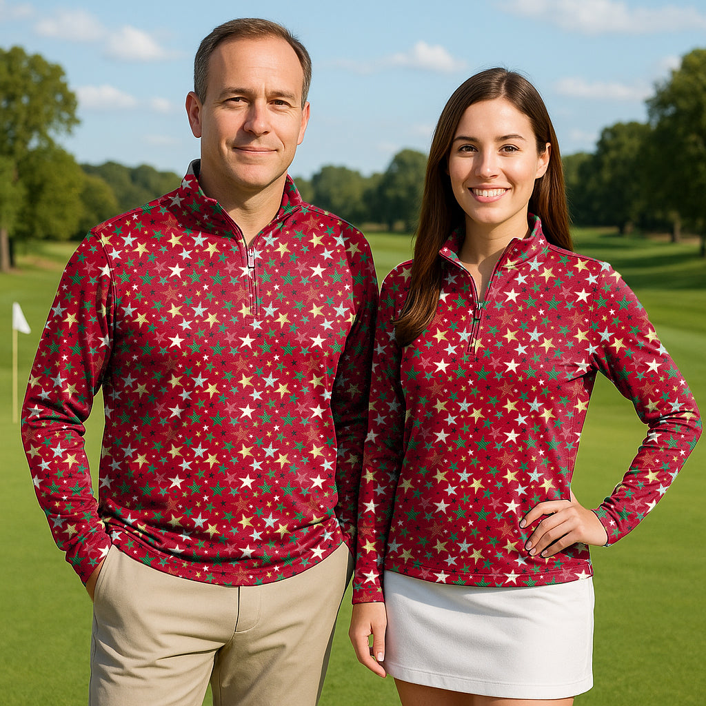 Colorful Stars Christmas Couple Golf Active 3/4 Zip Top Long Sleeves