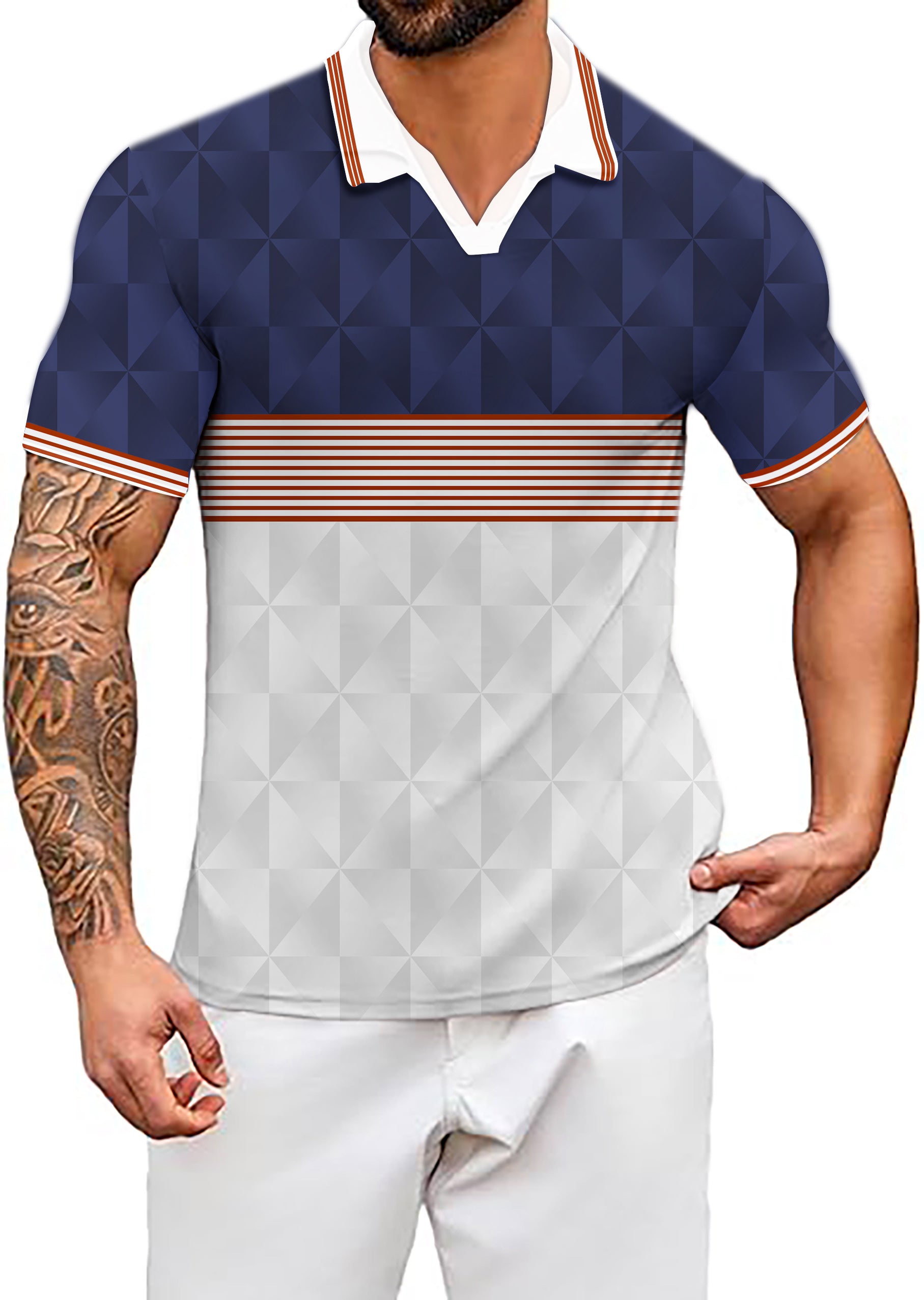 Men's Coconut Palm Stripe Splicing Custom Sport Team Competition Uniforms V Neck Golf Polo Shirts