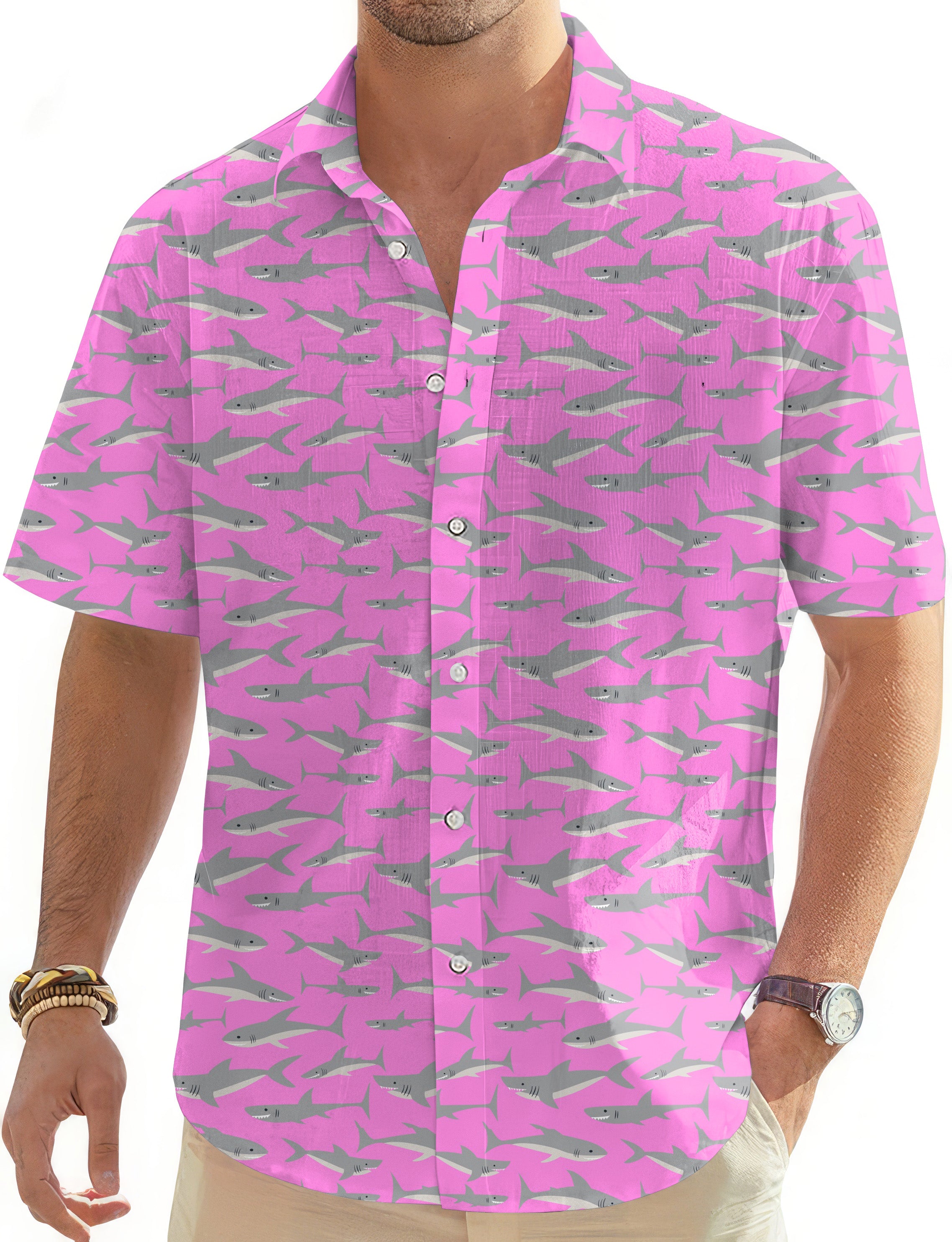 Pink Sharks-Men's Golf Hawaiian Shirts Button Down Shirt