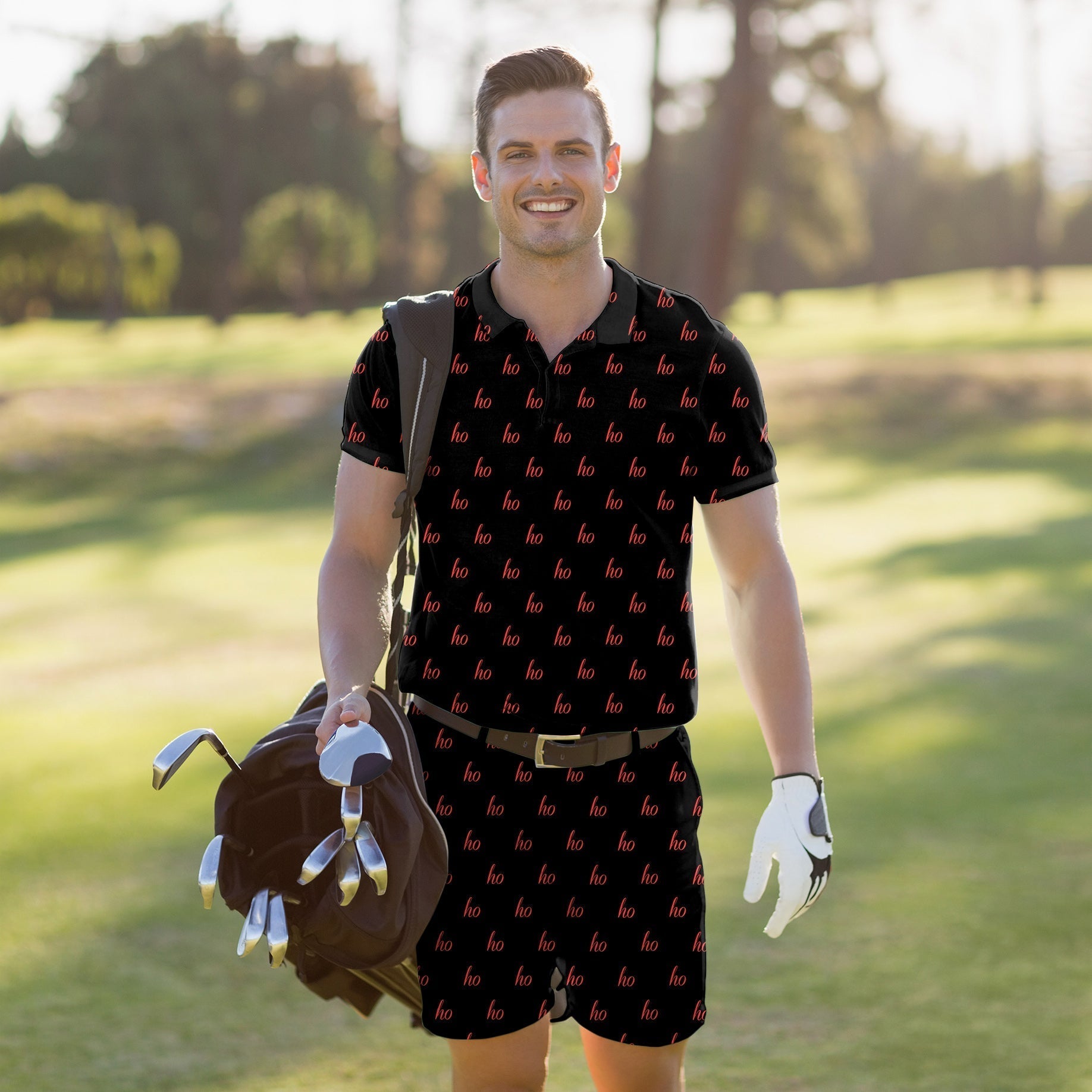 Men's golf set black polo and shorts custom name with four-way stretch and moisture-wicking fabric on golf course
