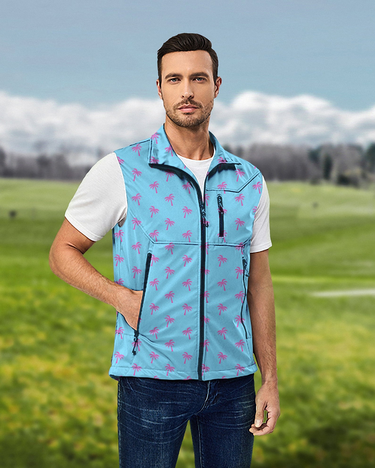 Men's Pink Palm Trees Lightweight Softshell Vest Sleeveless Jacket for Golf Windproof Waterproof