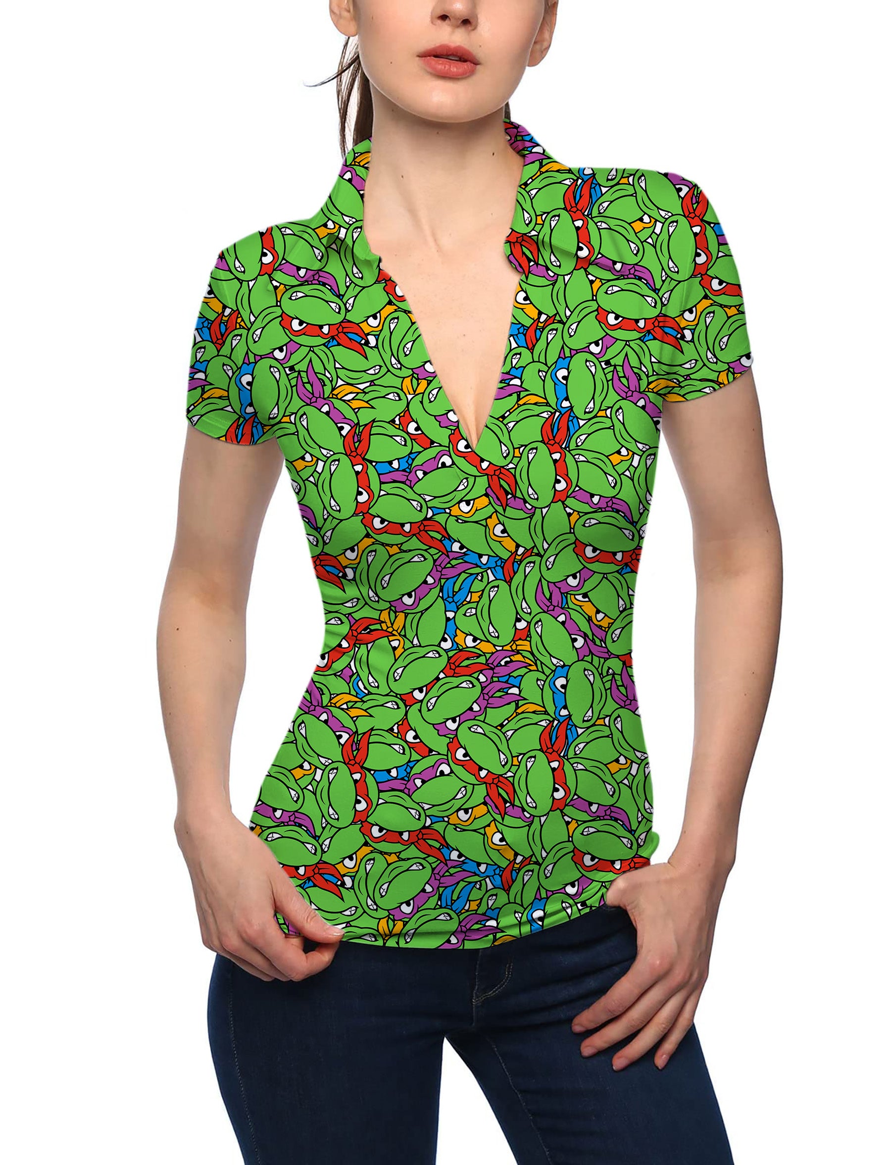 Women's TMNT - Mean Green V Neck Golf Polo