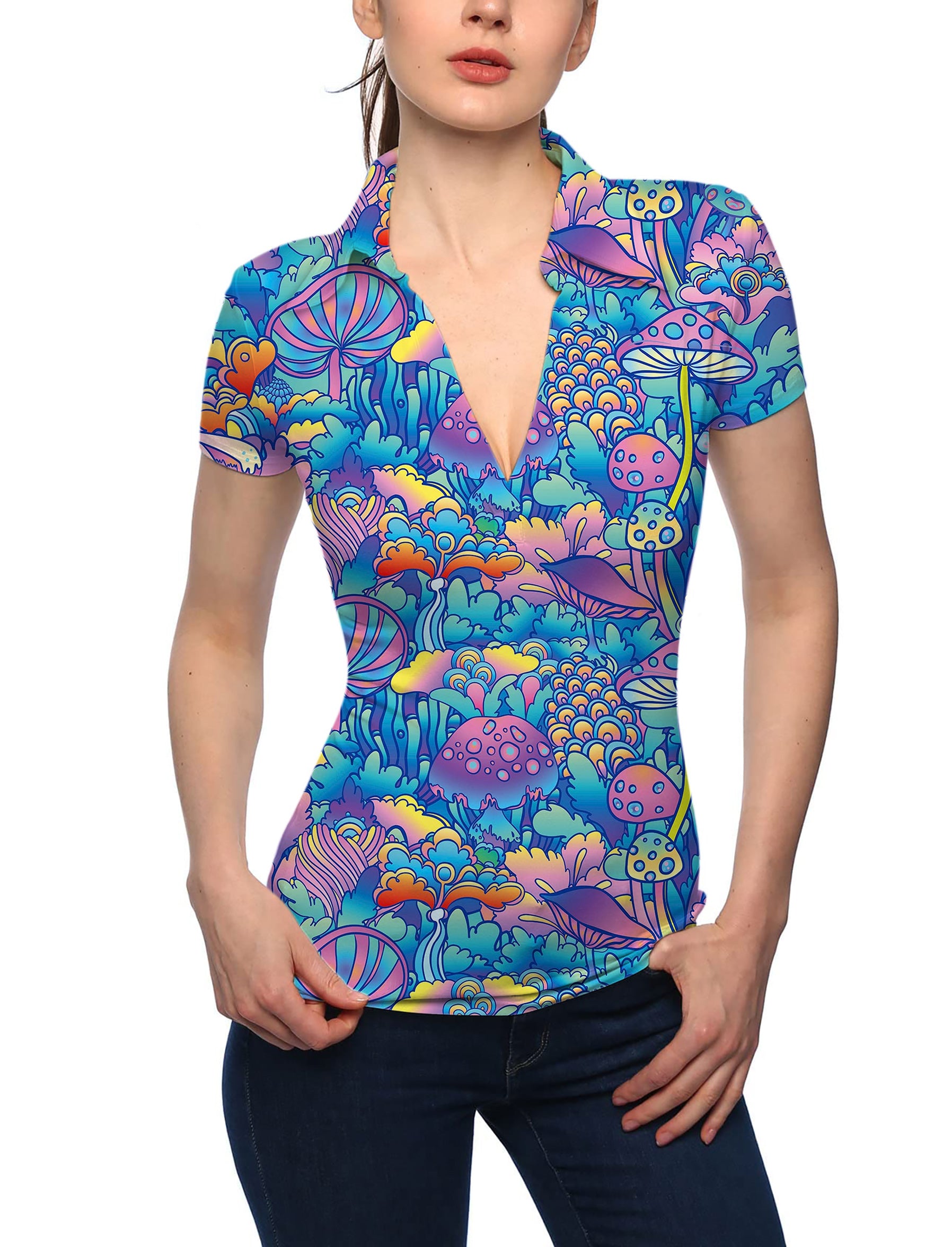 Women's magic mushroom V Neck Golf Polo