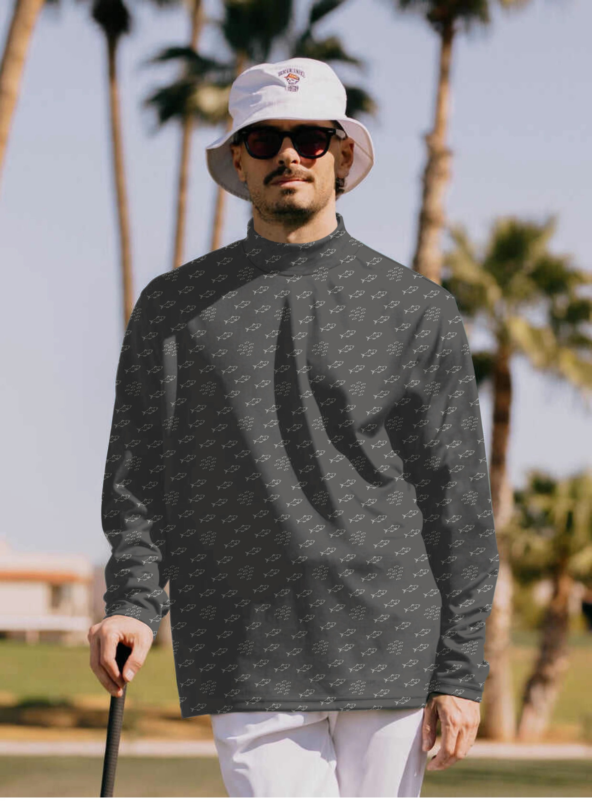 Men's Minimal Fish Sketch Mock Neck Long/Short Sleeve Golf Tops