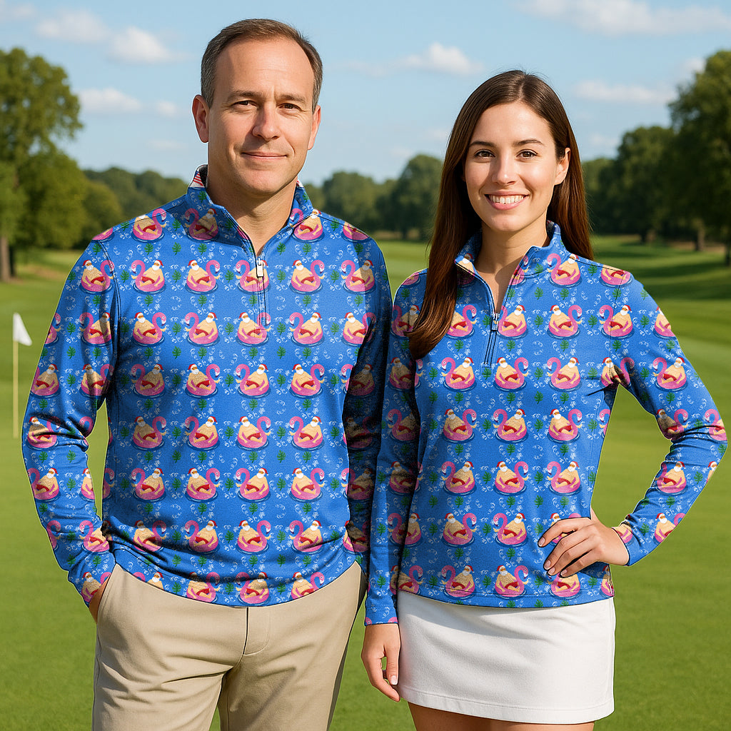 Santa Pool Party  Christmas Couple Golf Active 3/4 Zip Top Long Sleeves