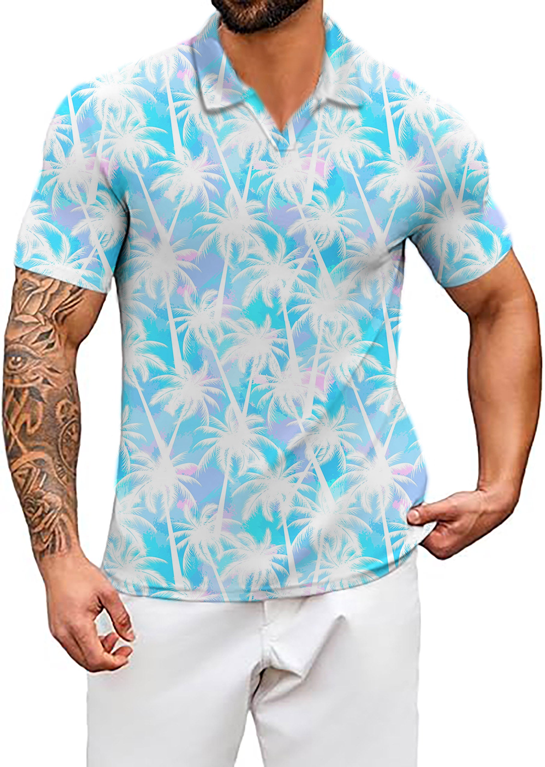 Men's Jungle Palm tree V Neck Golf Polo Shirts