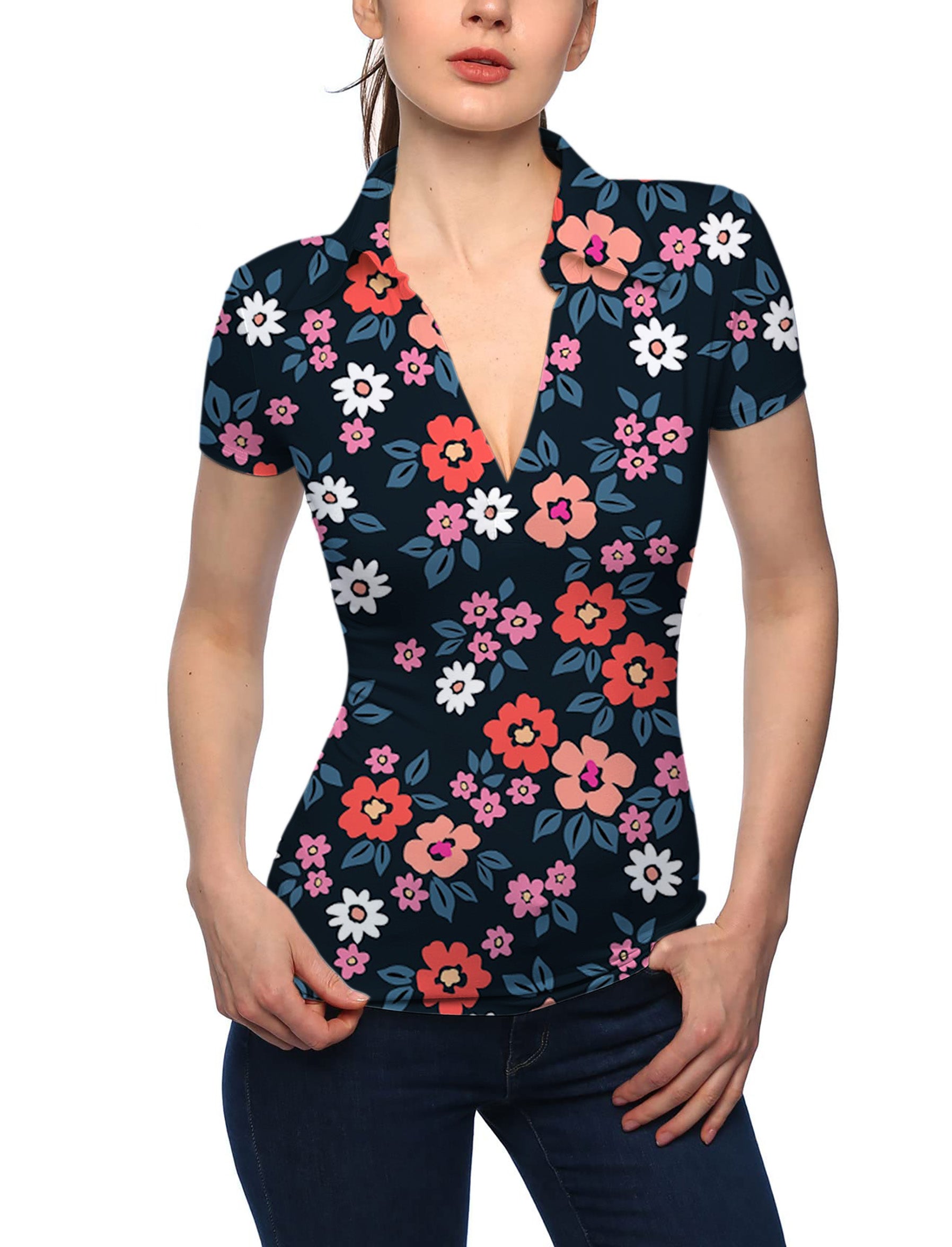 Women's Vintage Floral V Neck Golf Polo