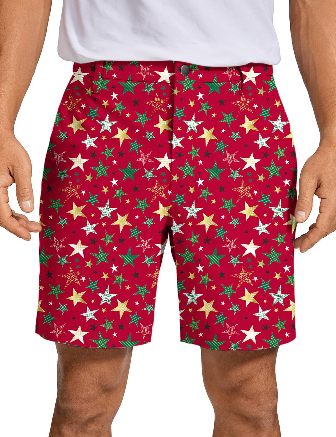 Men's colorful stars Christmas golf shorts in red with multicolored star patterns, lightweight and quick-dry fabric.