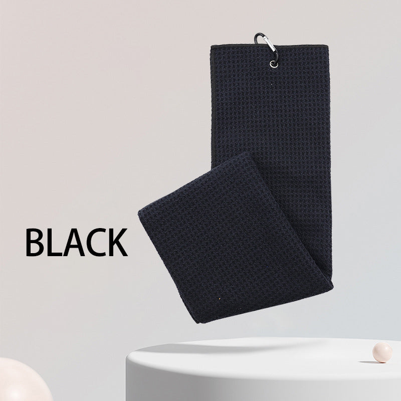 Black sports microfiber waffle golf towel with custom embroidered logo and clip for easy attachment