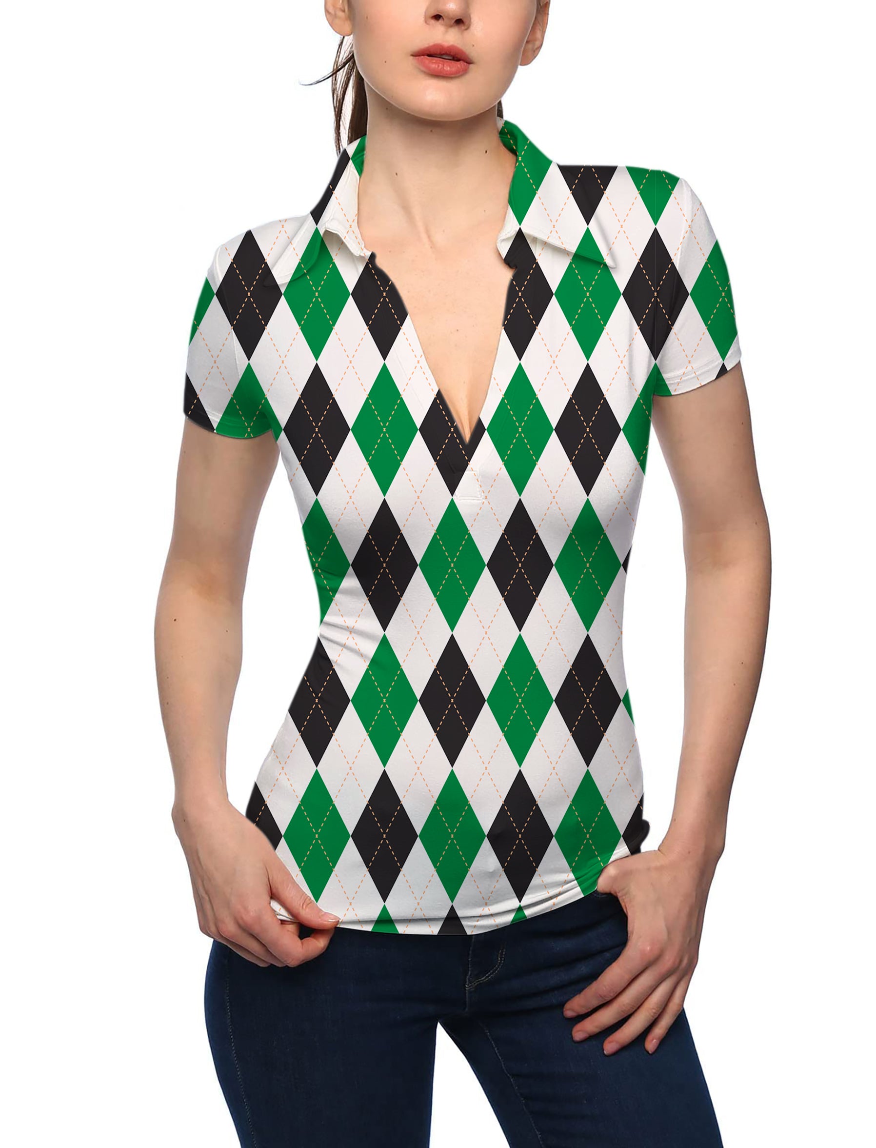Women's Argyle grid V Neck Golf Polo