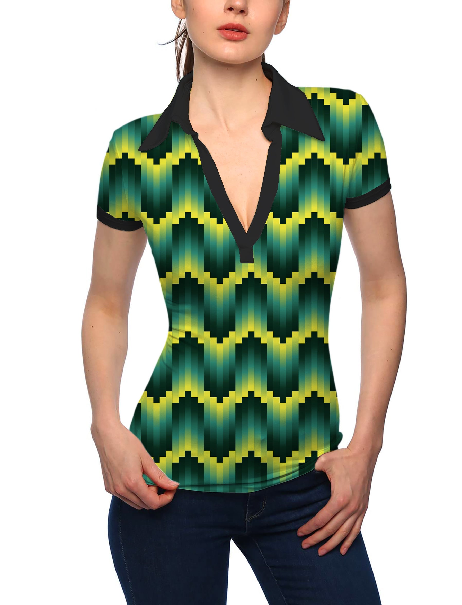 Women's Green Ripples Custom Sport Team Competition Uniforms V Neck Golf Polo