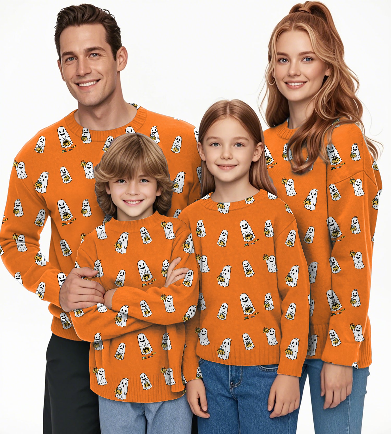 Halloween Ghost Pumpkin Basket Custom The Background Color Crewneck Pullover Ugly Sweater Men Women boy girl family