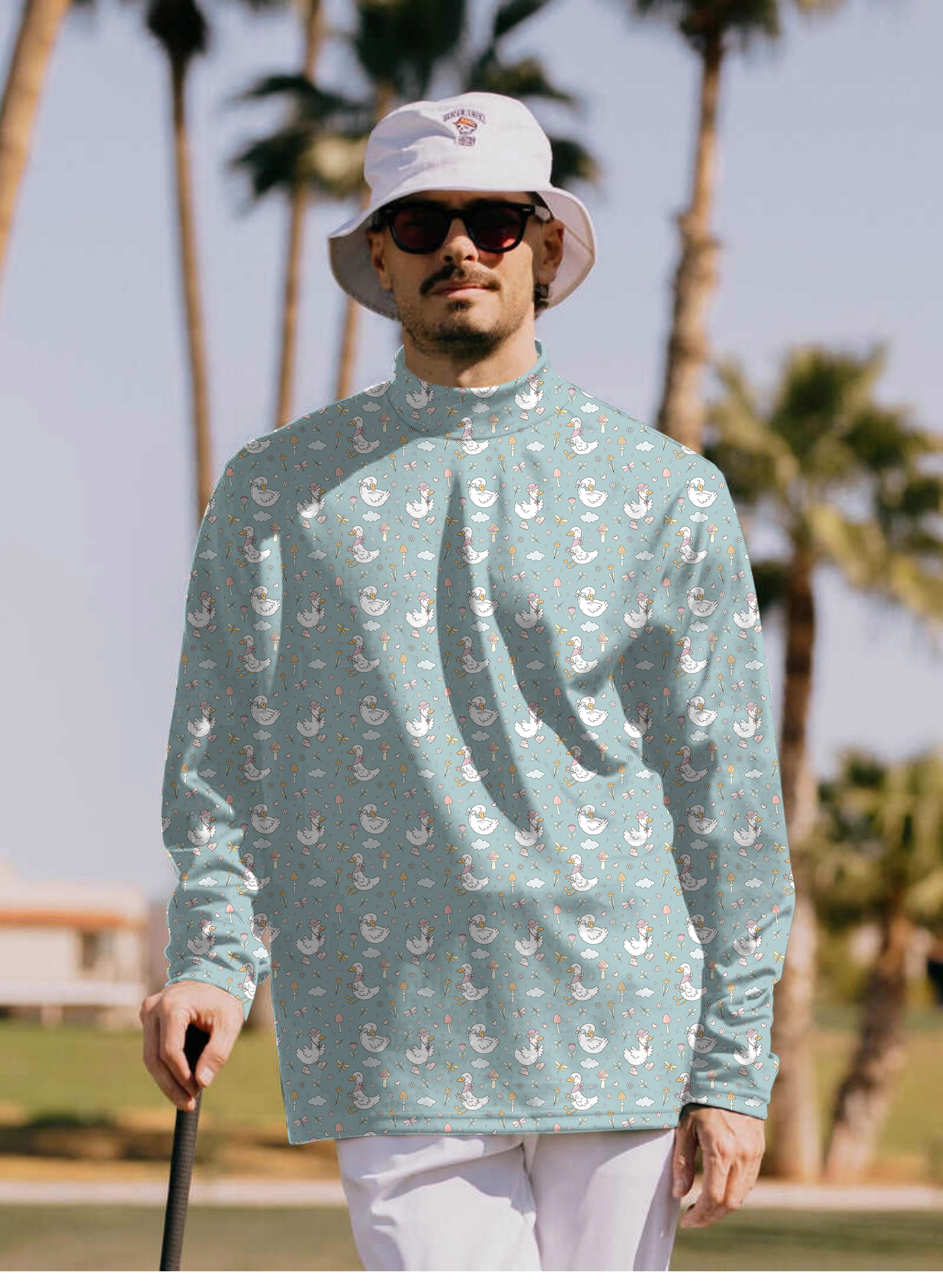 Men's Cute Duck Floral Mock Neck Long/Short Sleeve Golf Tops