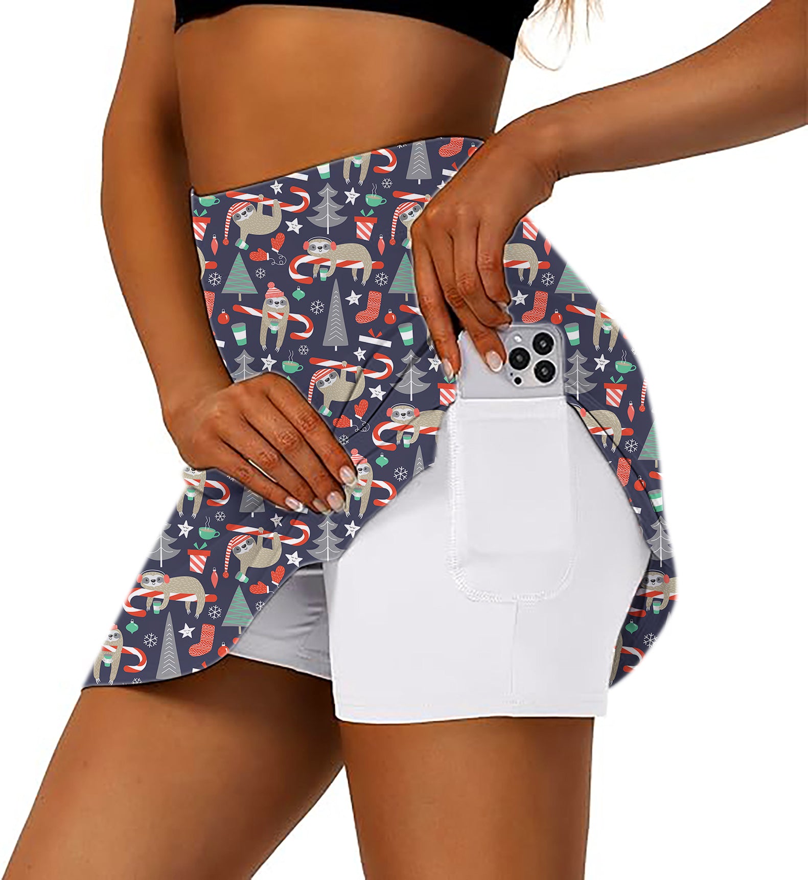 Women's Sloth Christmas Golf Skirts Inner Shorts Pocket