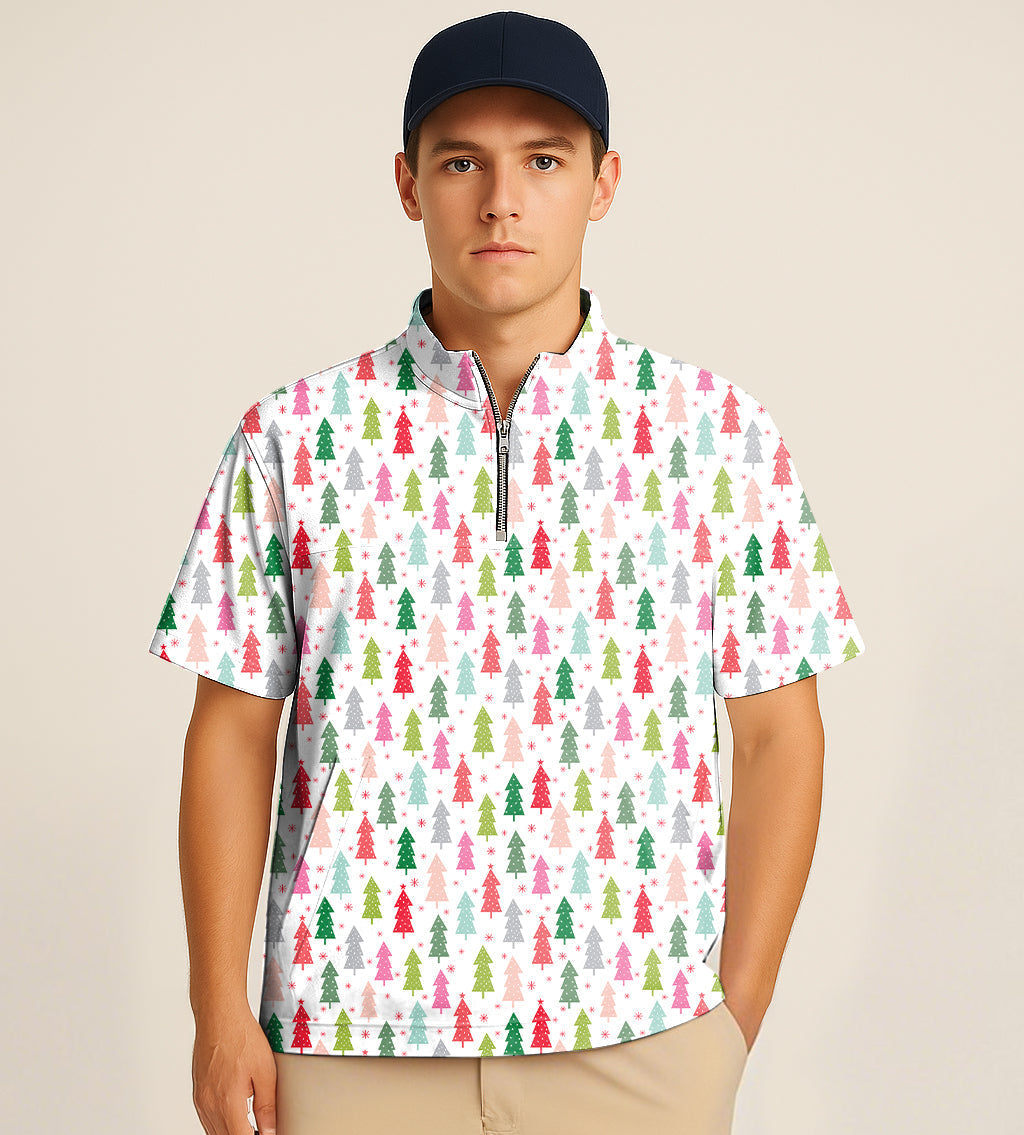 Man wearing half zipper turtleneck golf shirt with colorful Christmas tree embroidery