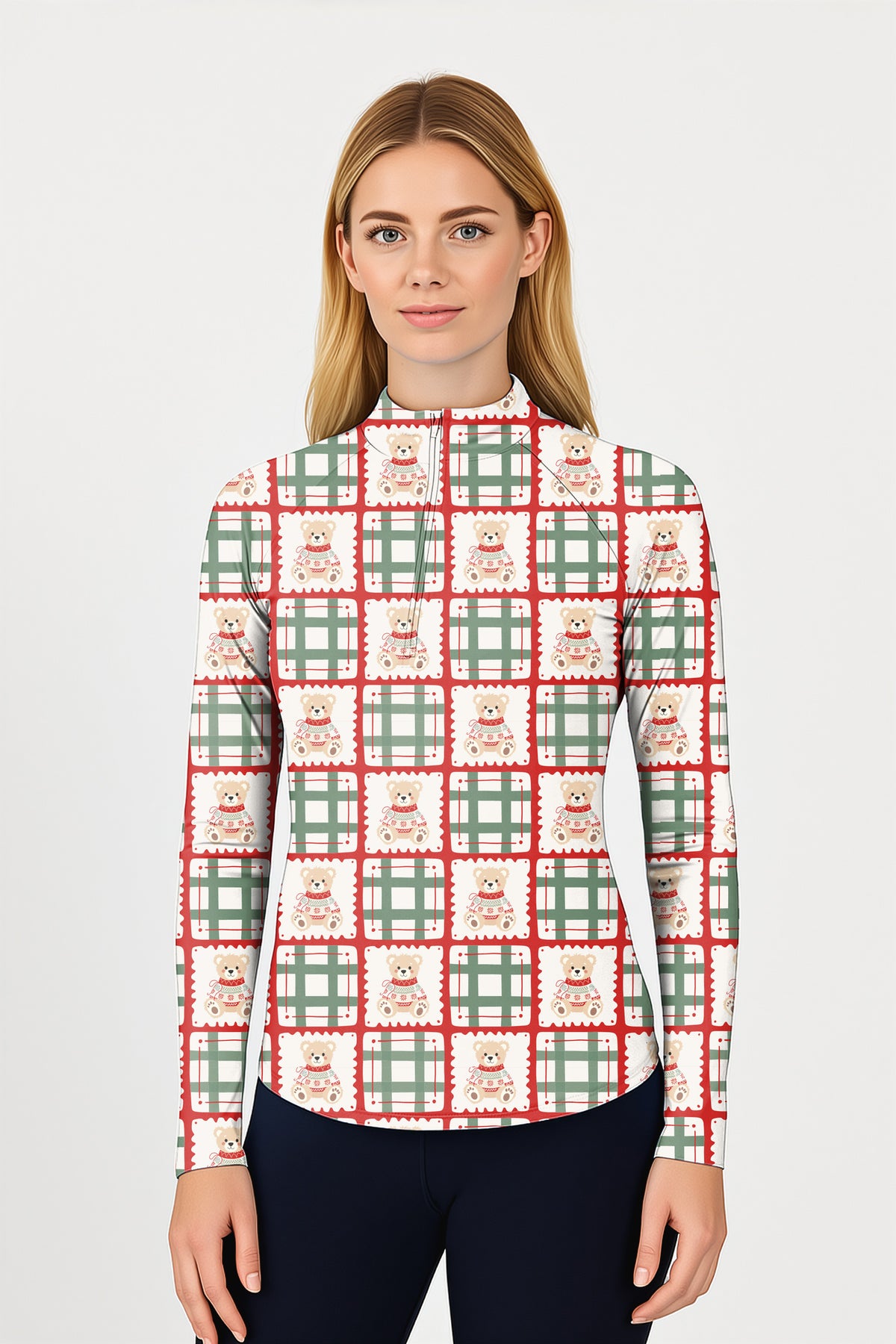 Cute Christmas Teddy Bear Women's Golf Active 3/4 Zipper Top Long Sleeves