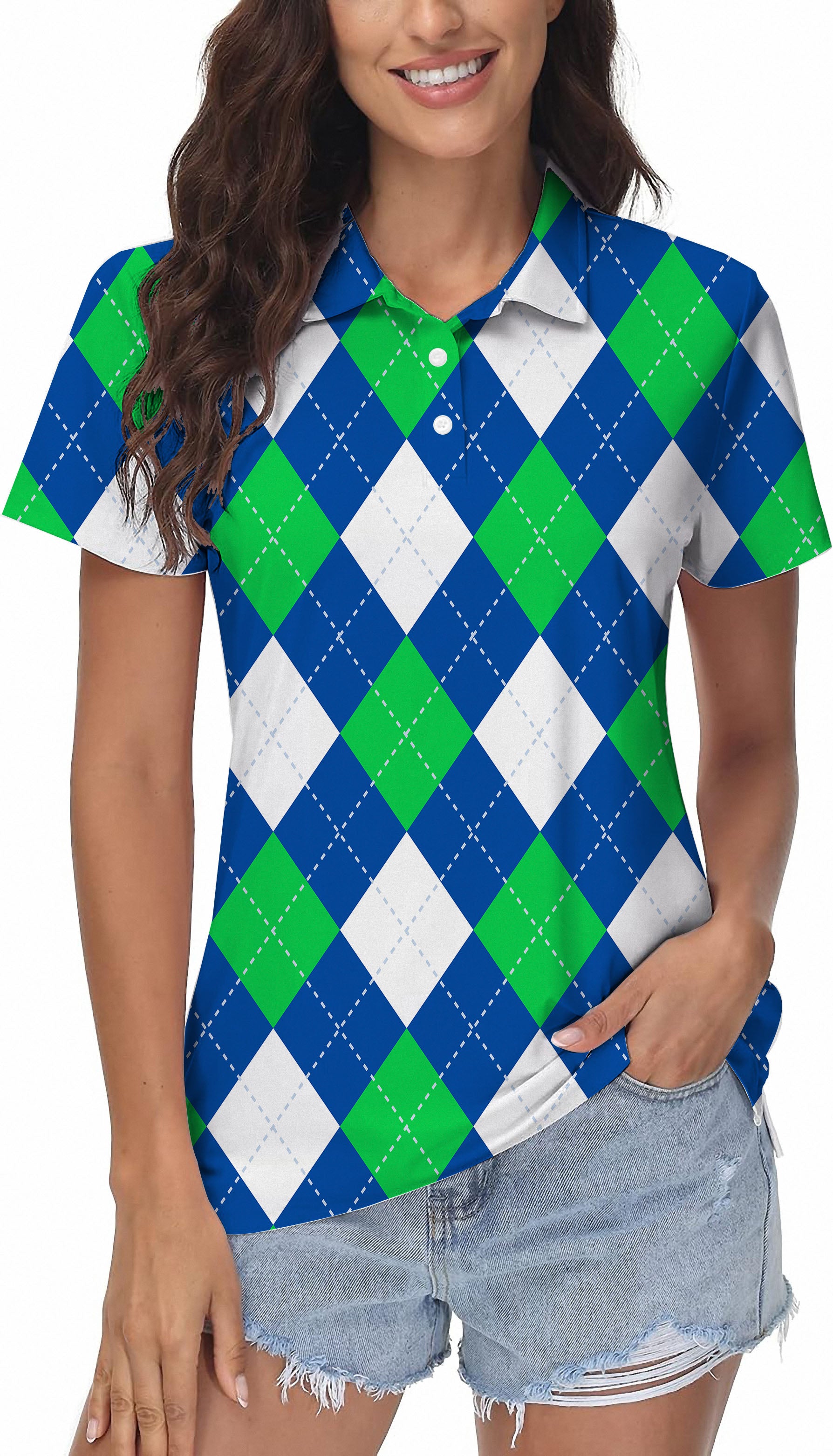Argyle green blue Women's Golf Polo