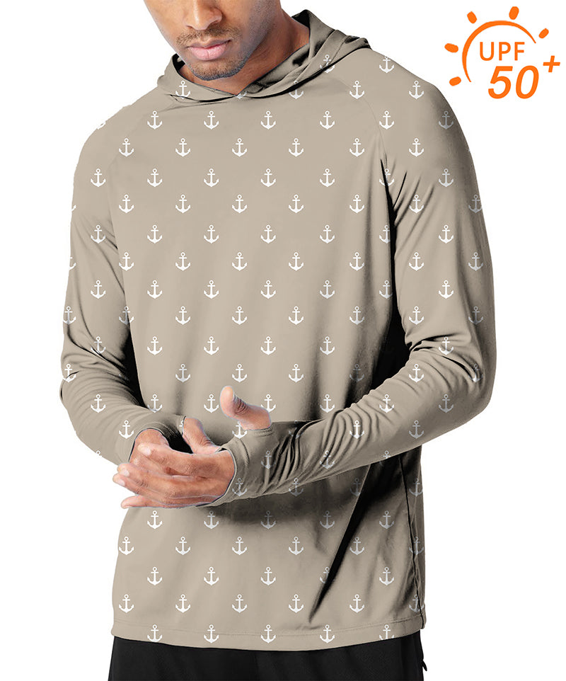 Men's outdoor beige anchor print slim fit golf hoodie with UPF 50+ sun protection