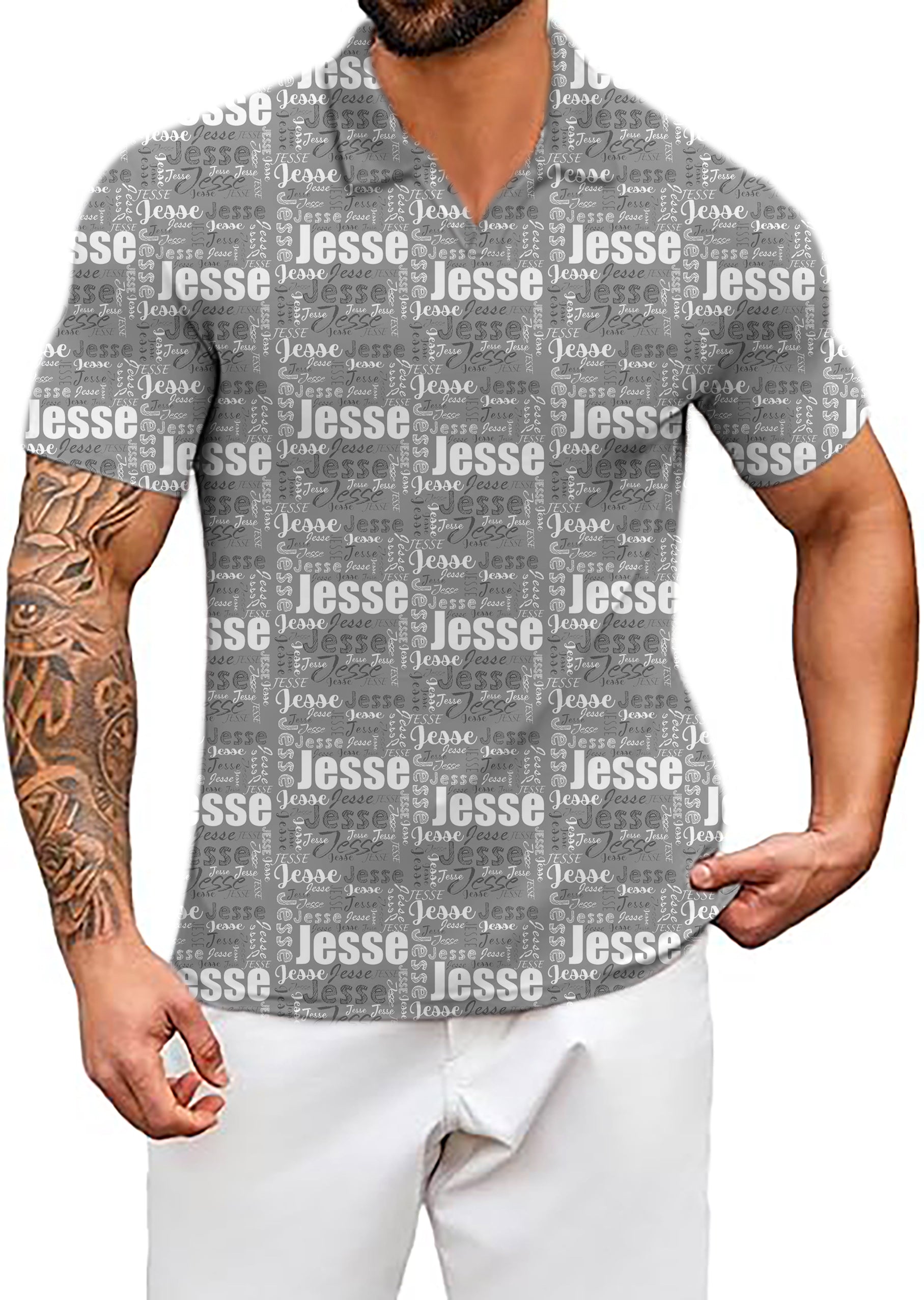 Men's Custom name grey V Neck Golf Polo Shirts