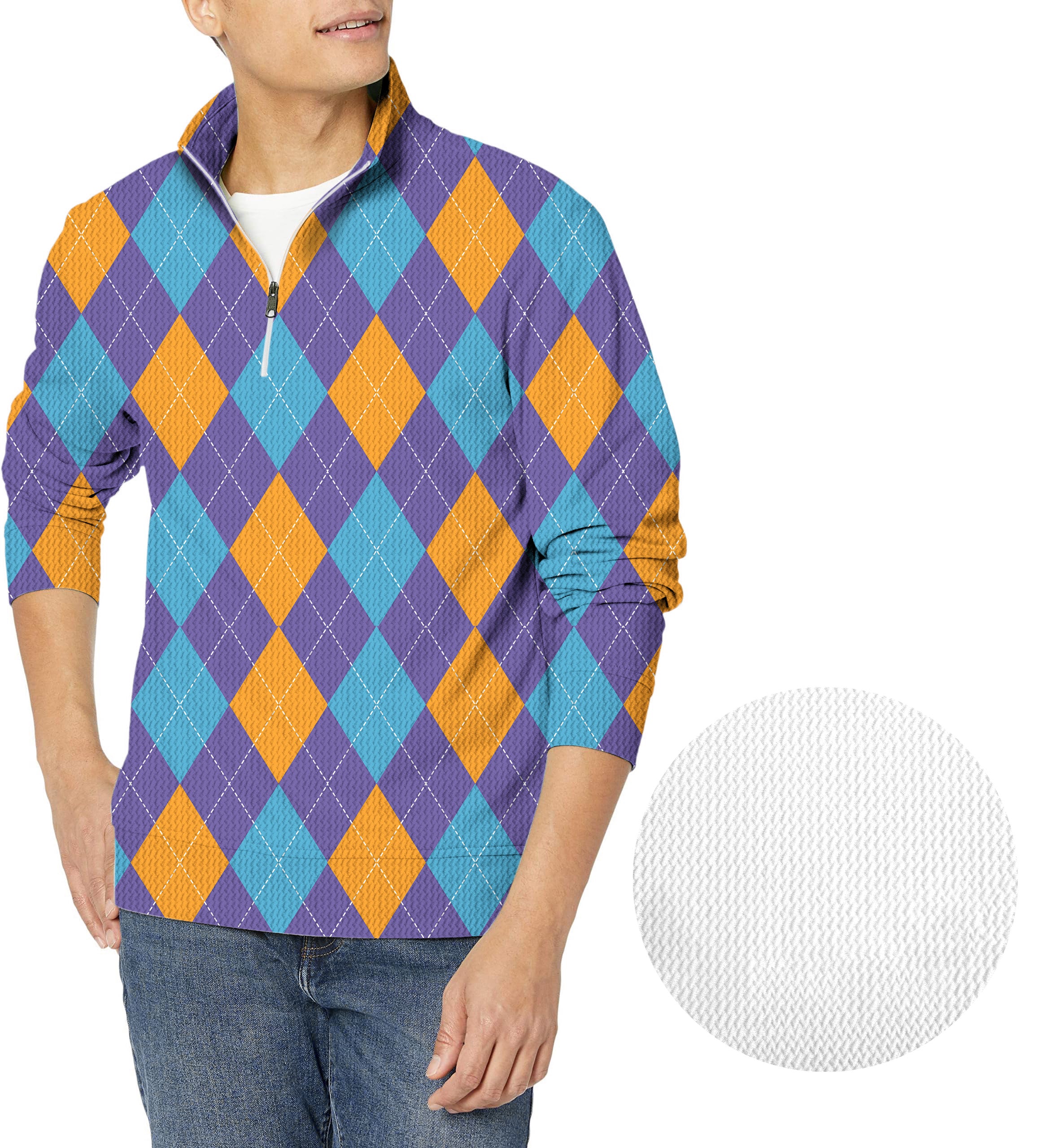 Purple orange blue Argyle-Men's Golf Waffle Zipper Pullover