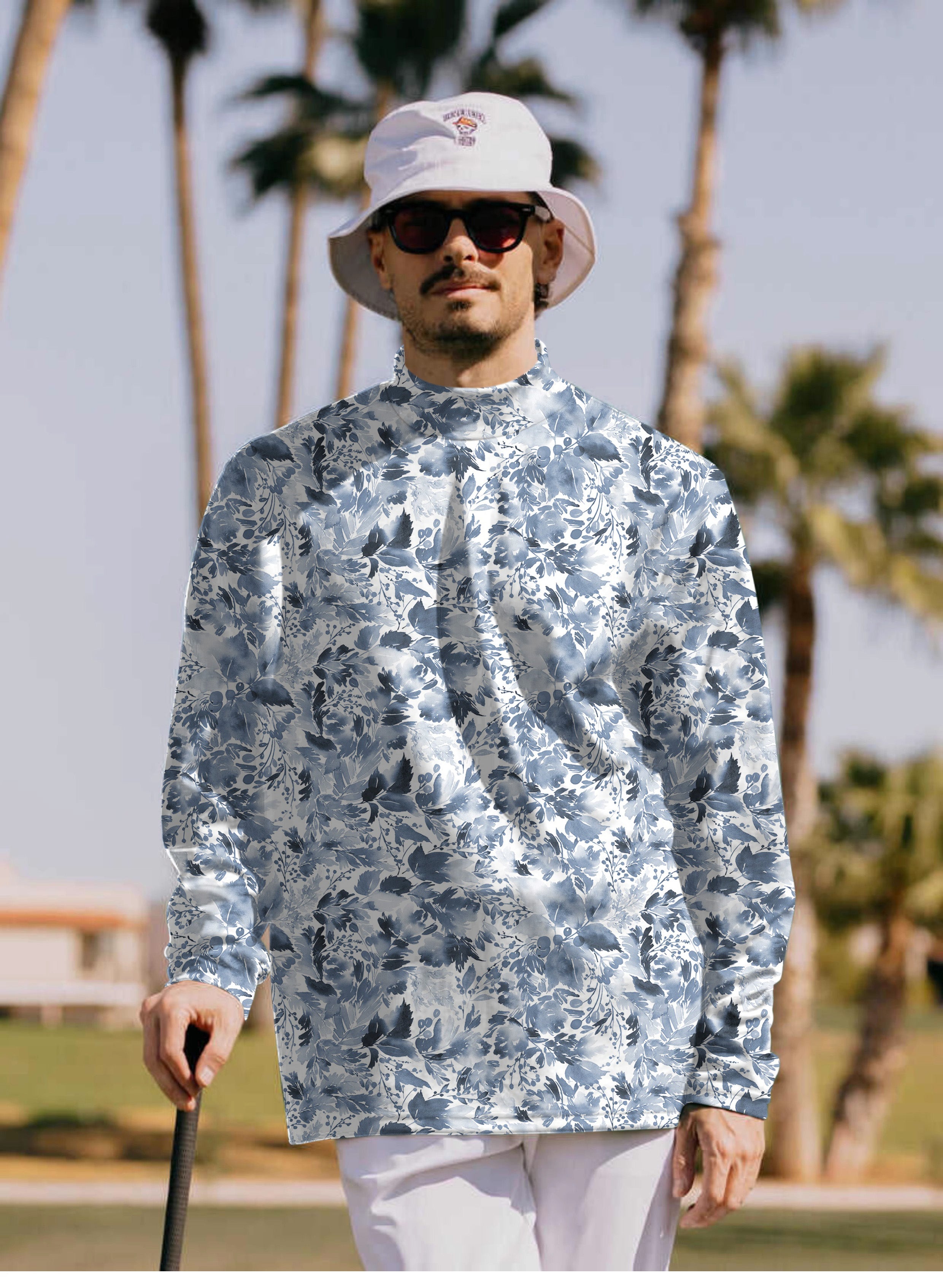 Men's BLUE LEAVES Pullover High neck Long/Short sleeve T-Shirt